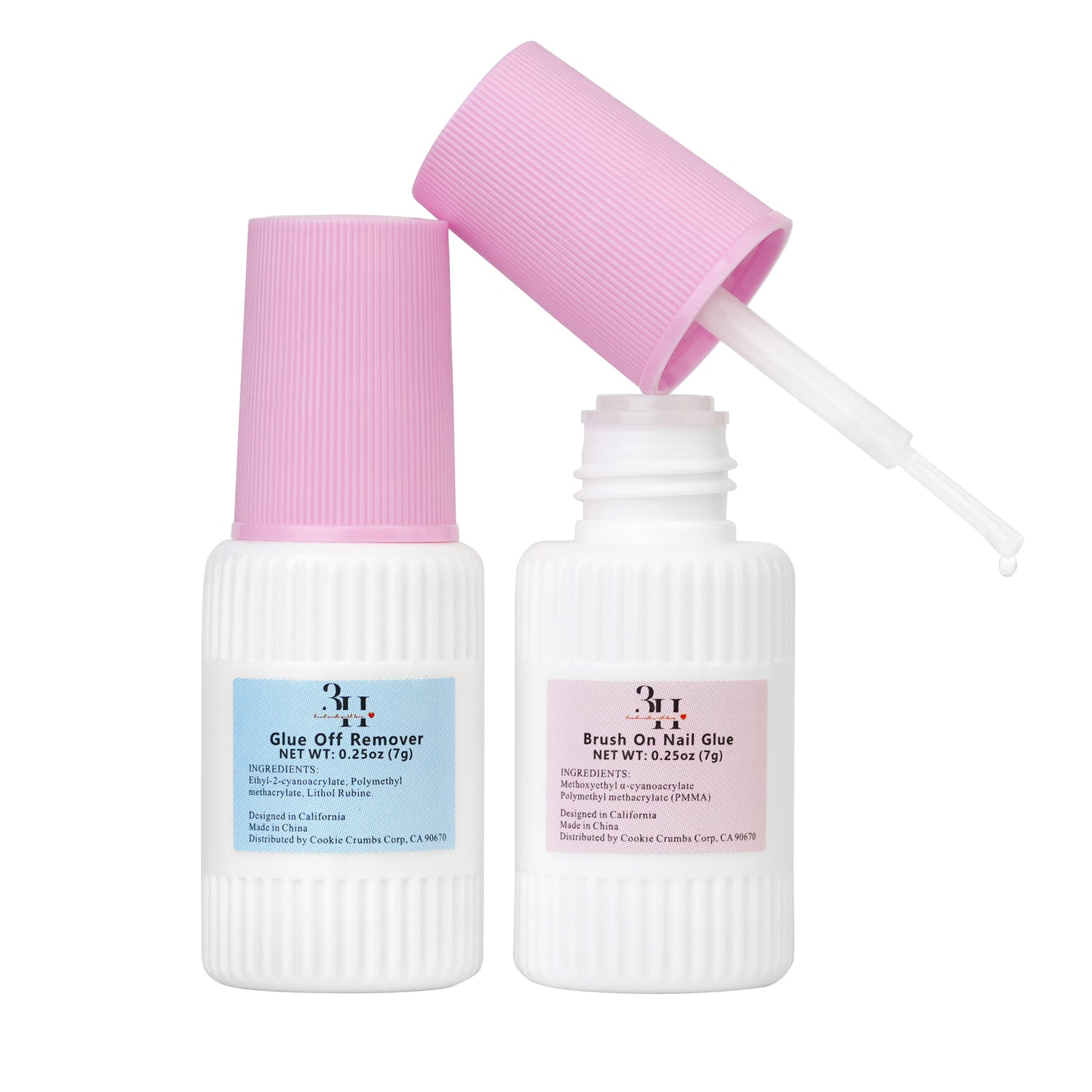 3H Nails brush-on nail glue and removal kit with applicator brush and removal tools for easy nail enhancement application.