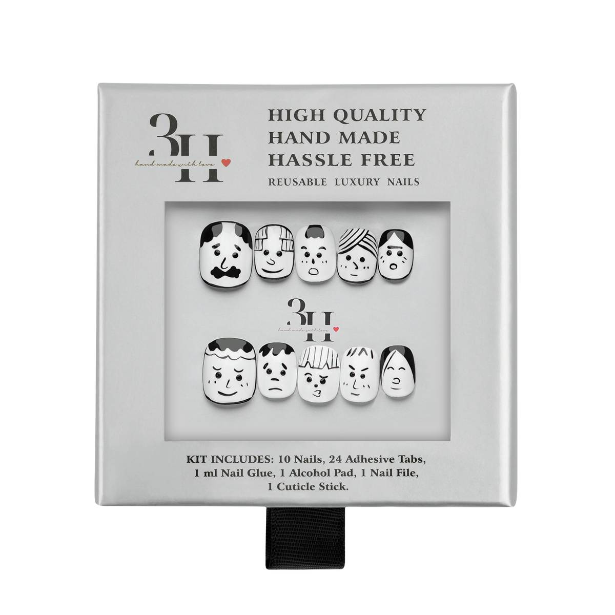 Set of 3H Nails Expressive Faces short round press-on nails featuring playful facial expressions in a colorful box.