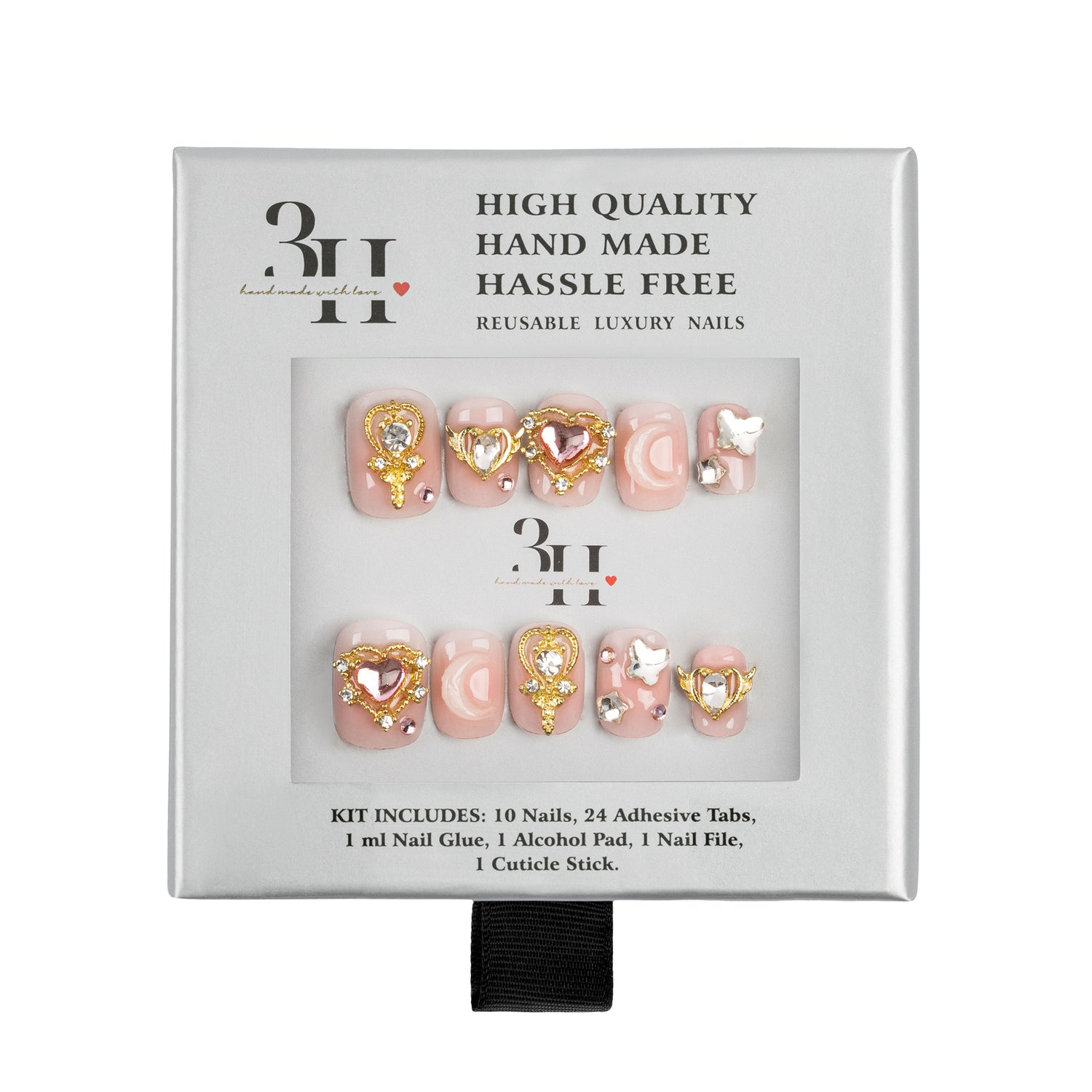 A 3H brand reusable luxury press-on nail kit in its original packaging, featuring 10 pink and gold decorative nails with rhinestones, displayed on a clean white background.