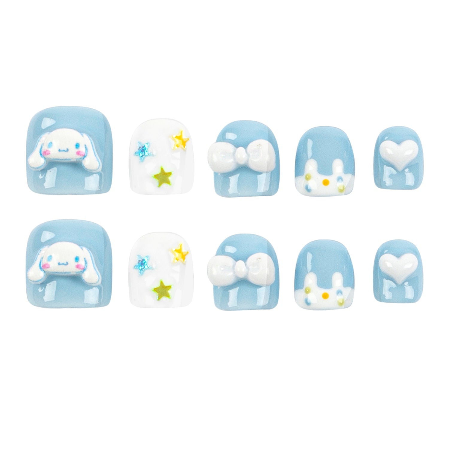 Ten square press-on nails arranged in two rows of five on a plain white background. The set includes light blue and white nails with cute cartoon bunny and bow designs, plus small star and heart details.