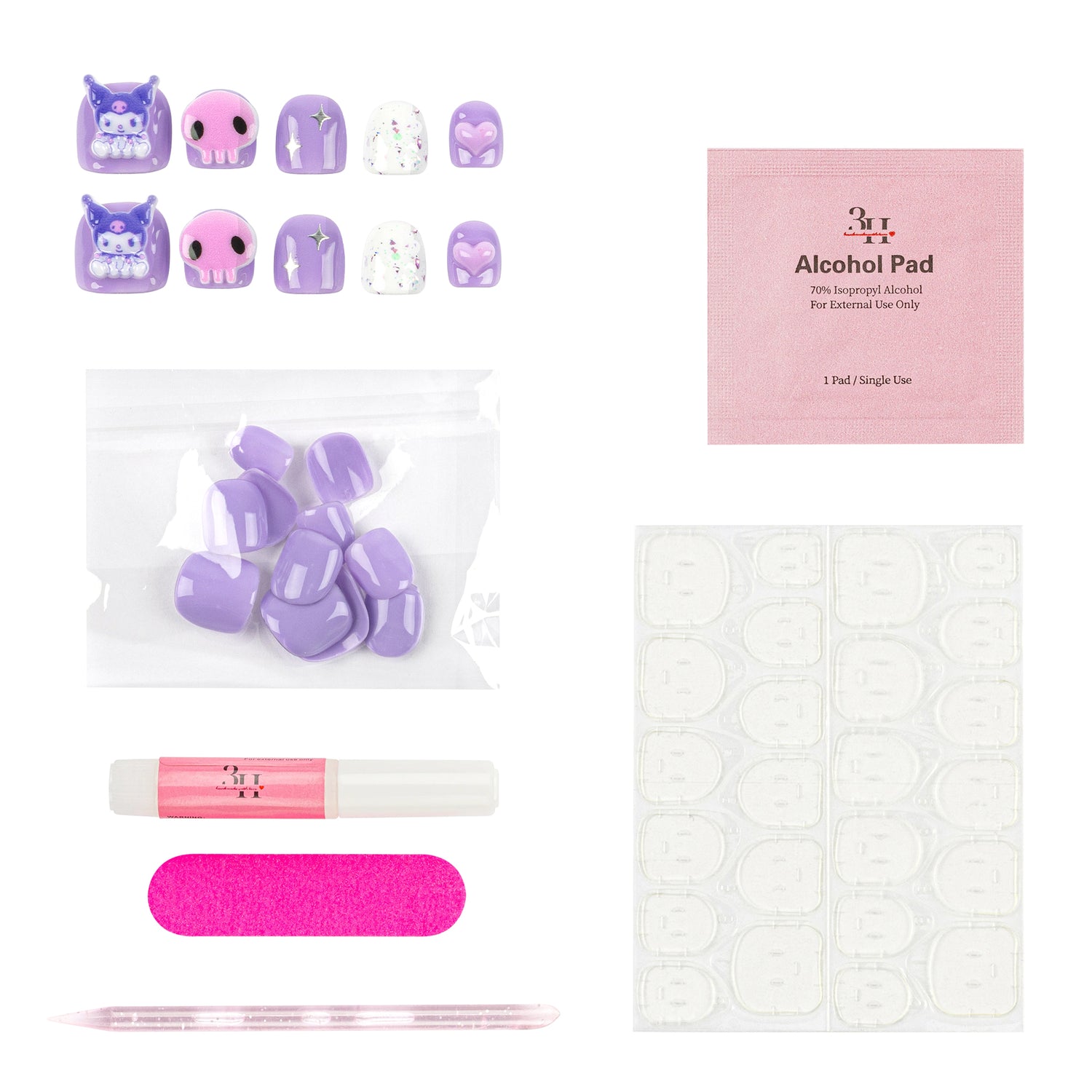 A nail art kit laid out on a white background, including pastel purple and pink decorative nail stickers, a clear bag of lavender nail tips, a pink Alcohol Pad packet, a sheet of white adhesive stickers, a pink nail glue tube, a pink nail file, and a clear nail brush.