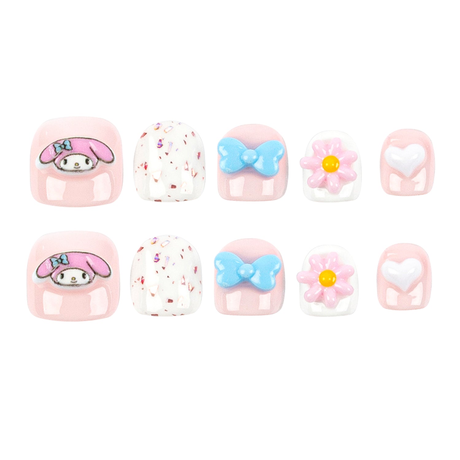 Ten decorative nail tips arranged in two rows of five on a plain white background. The set includes pink rounded-square tips with cartoon character designs, white speckled tips, light blue bow tips, a pink-and-white flower tip with a yellow center, and a pale pink heart tip with a white heart center.