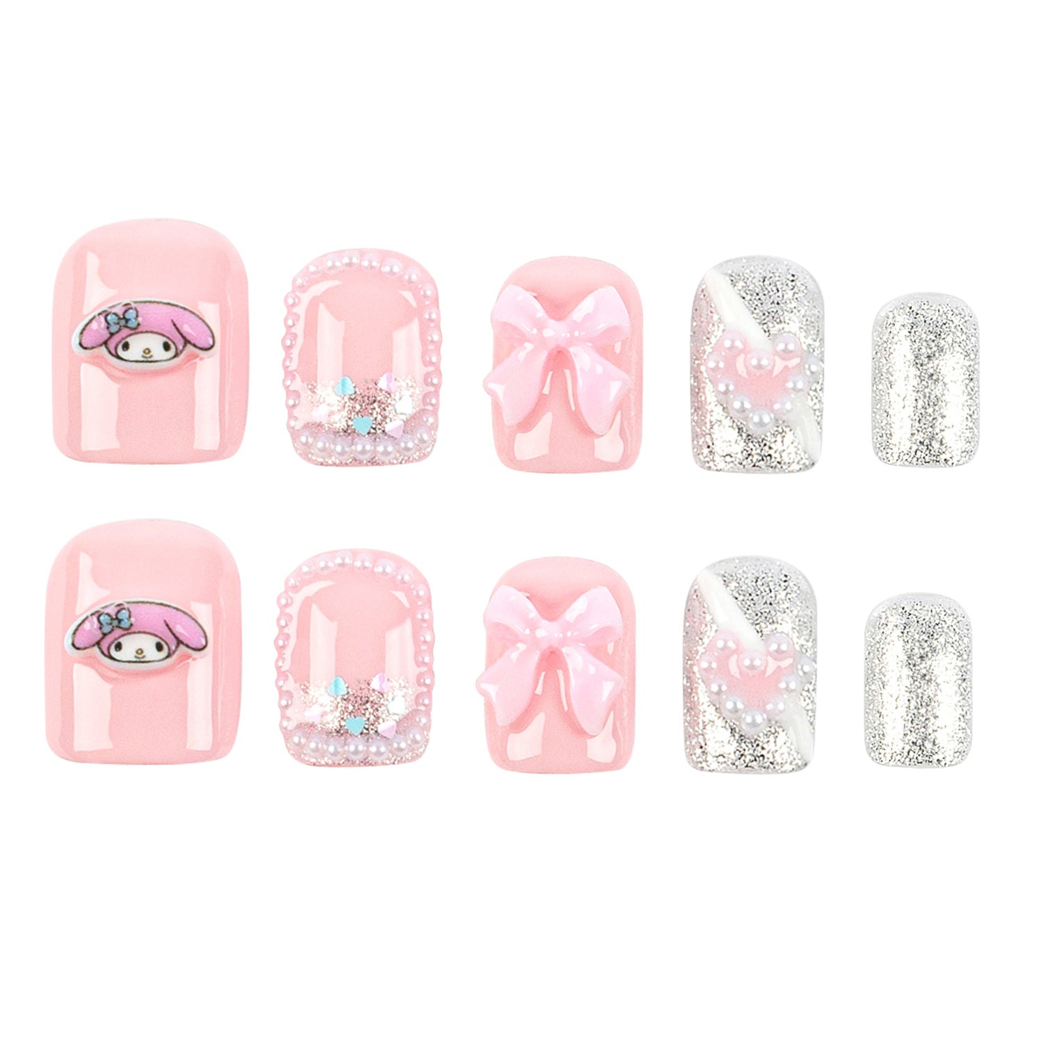 A set of 10 press-on nails arranged in two rows of five on a plain white background. The set features a mix of pastel pink and glittery silver designs, including solid pink, pink bows, pink My Melody cartoon character prints, and pink heart patterns with silver glitter.