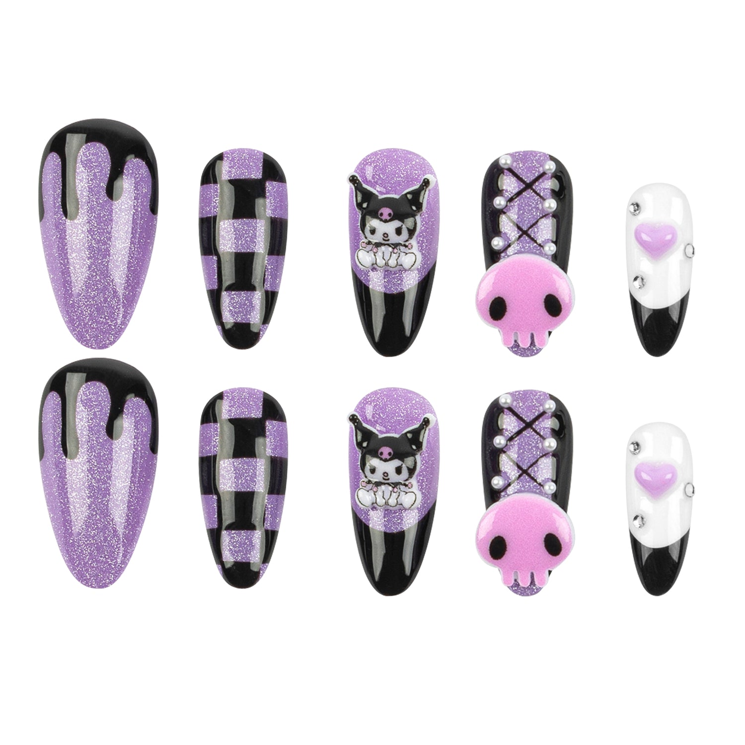 A set of ten Almond-shaped press-on nails arranged in two rows on a plain white background. The nails feature various designs including glittery purple and black dripping, black and purple checkered patterns, a cartoon character design, a pink skull with rhinestones, and a white and black nail with a pink heart accent.