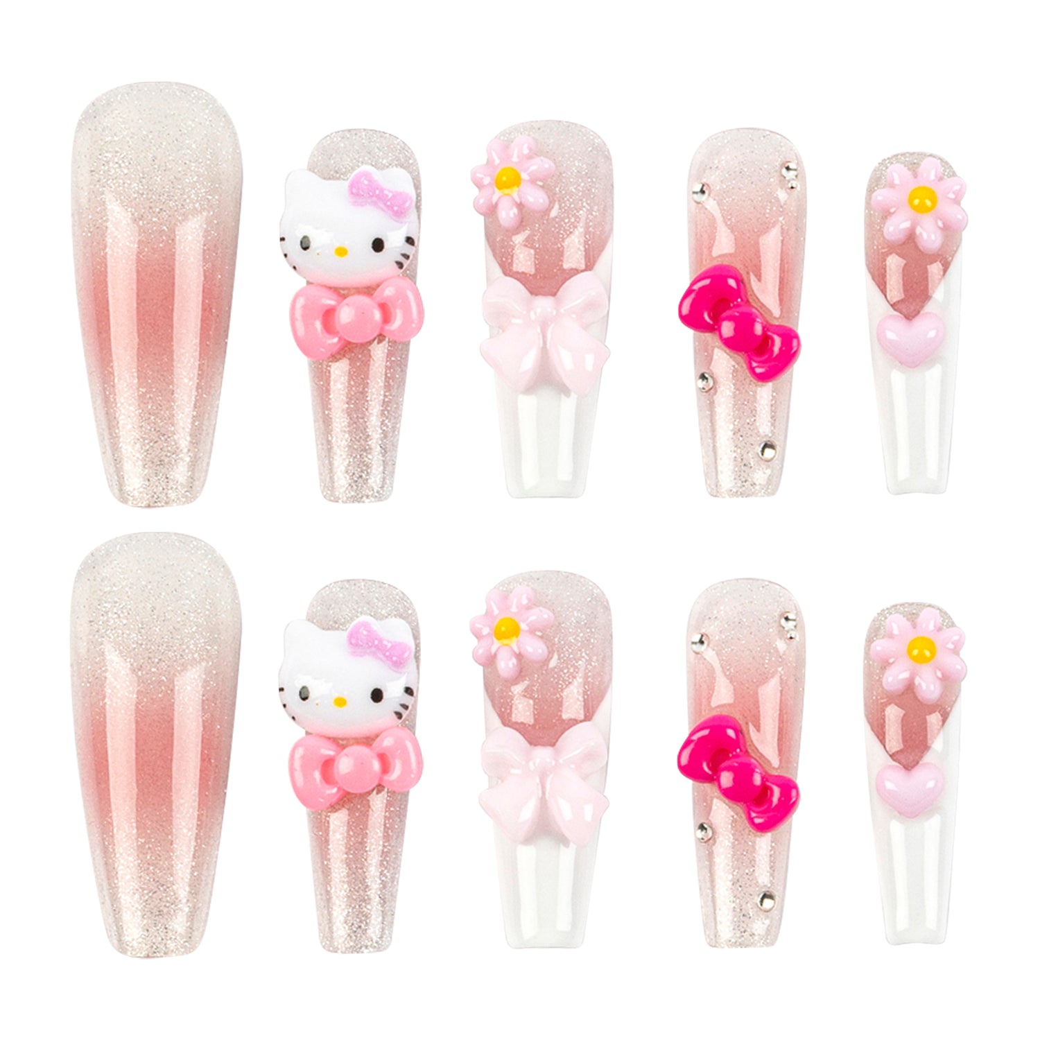 Ten false press-on nails arranged in two rows of five on a plain white background. The set includes glittery nude-pink nails, a Hello Kitty design with a pink bow, floral nail art with bows and flowers, and pink bow embellishments.