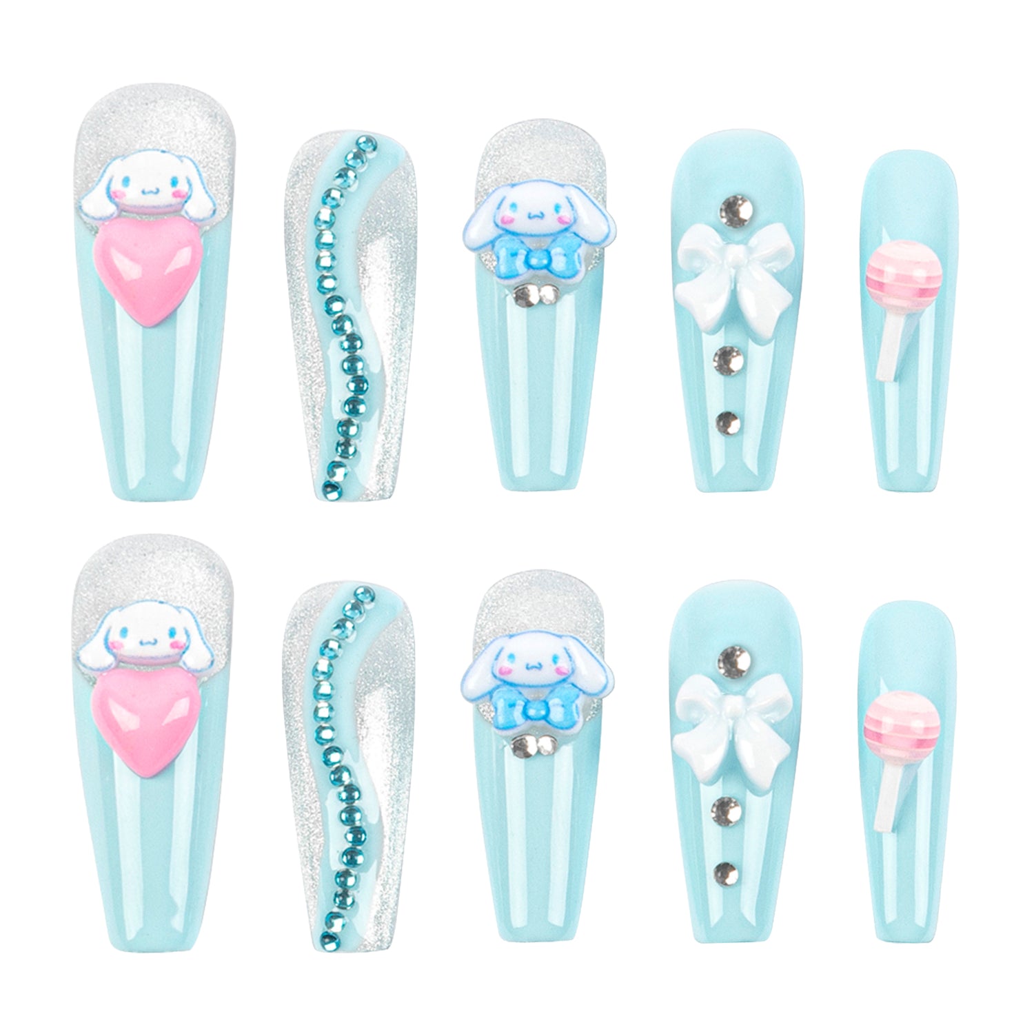 Ten decorative false nails arranged in two rows on a white background. The nails feature a light blue and white striped base with various embellishments including a Cinnamoroll cartoon character, a pink heart, rhinestones, a white bow, and a pink lollipop design.
