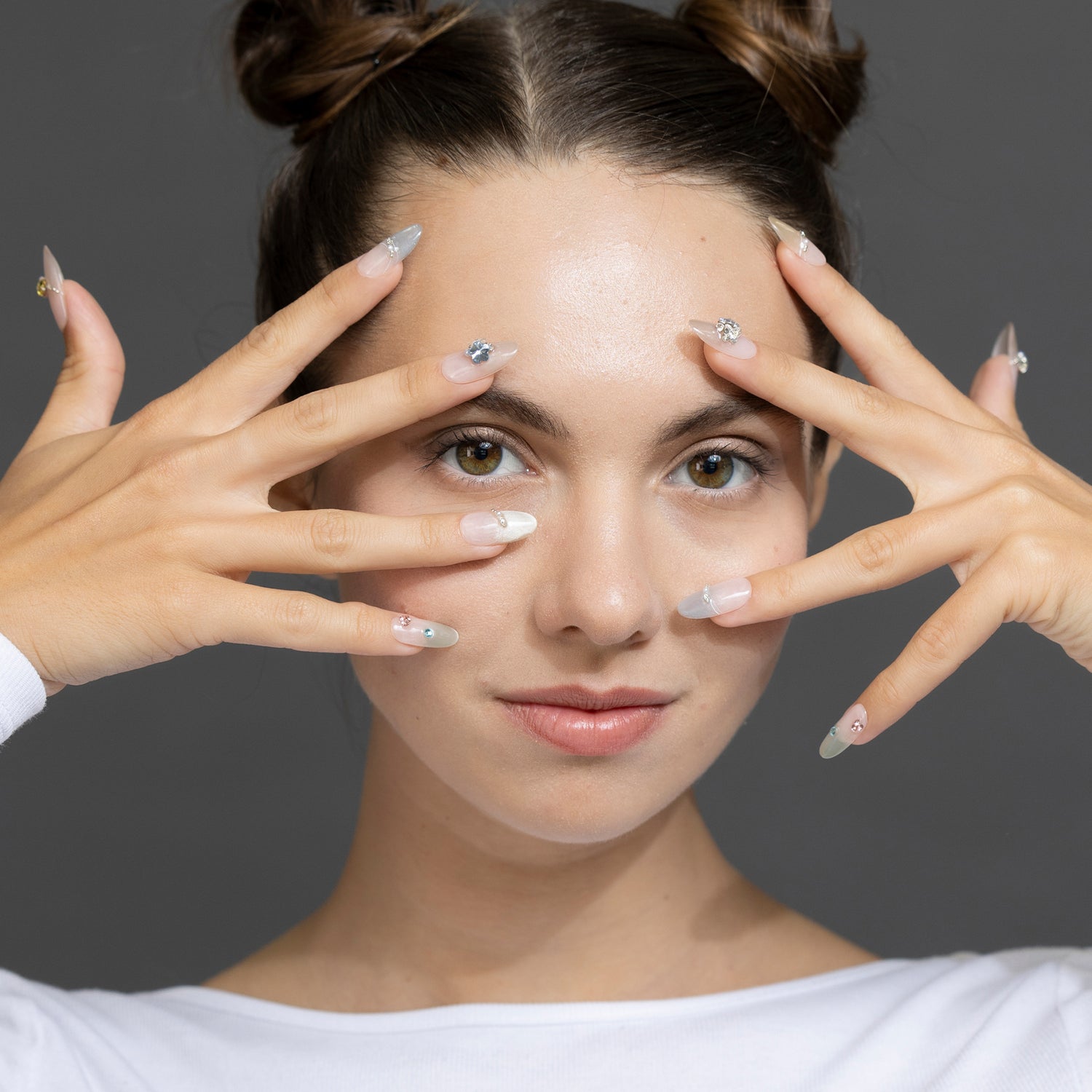 Handmade 3H Nails luxury press-on nails in design 1148, showcasing elegant, natural-looking nail tips on a model.