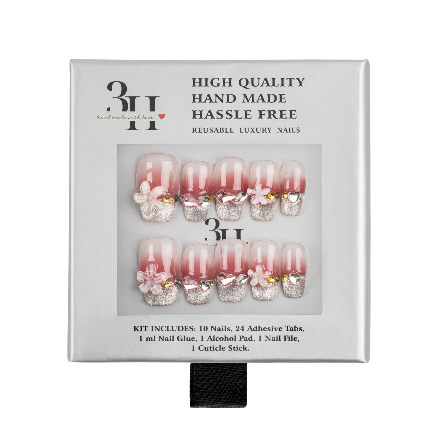 3H Luxury Handmade Press-on Nails - Pink Flower Sparkle - 3H Nails