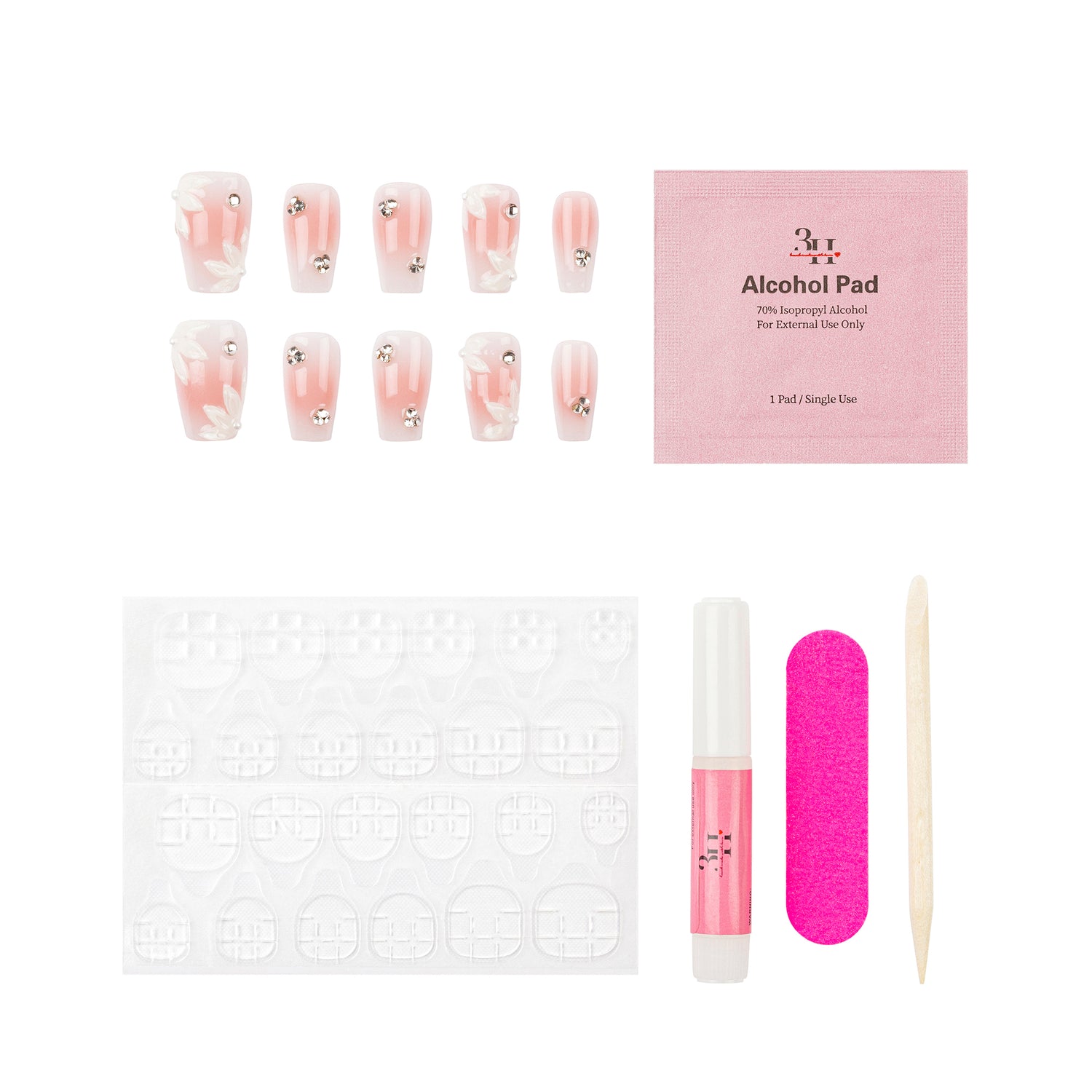 Handmade 3H Nails luxury press-on nails in design 1308, showcasing a stylish, natural-looking nail set on a white background.
