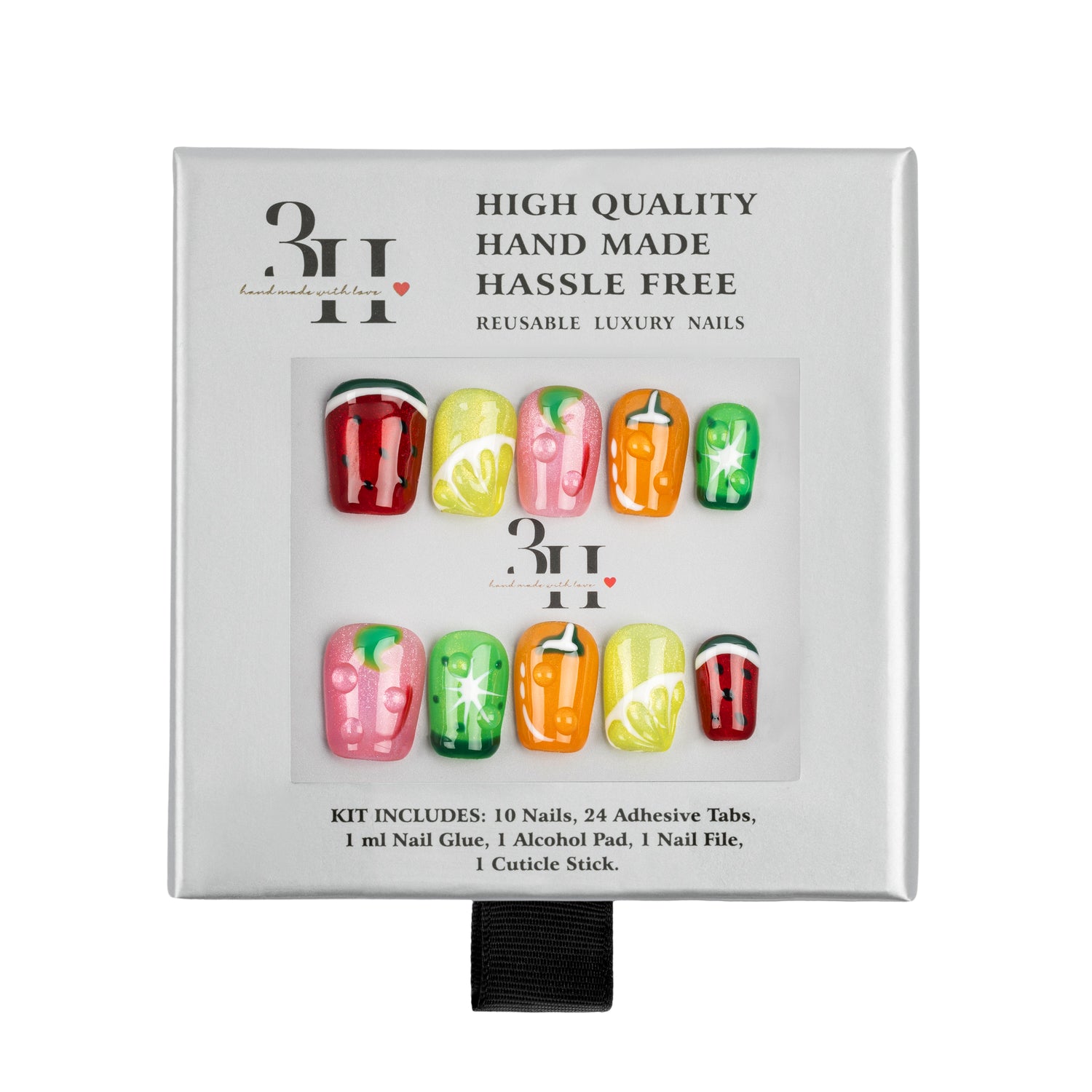 Handmade press-on nails in a natural nude shade from 3H Nails, featuring a sleek, glossy finish on a neutral background.