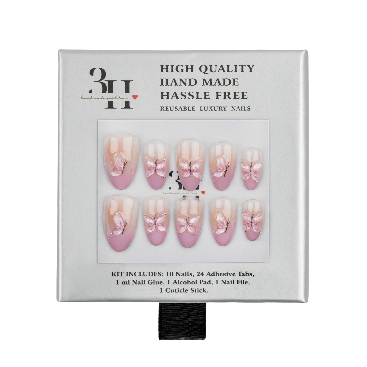 A 10-piece press-on nail kit in its original packaging, featuring pale pink and nude nails with delicate butterfly designs. The packaging is white with black text and a clear window displaying the nails.