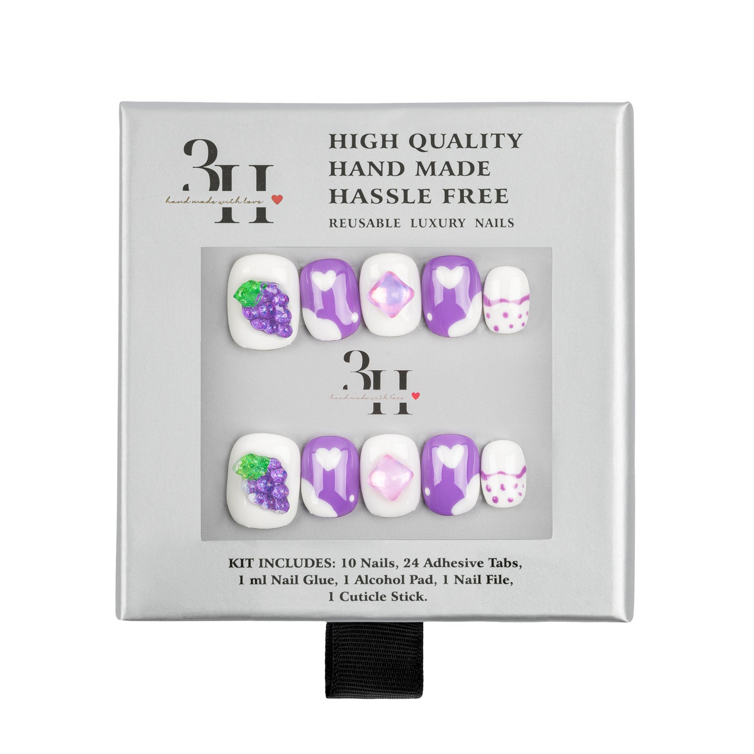 A 3H brand press-on nail kit in its original packaging, featuring white, purple, and lavender designs with grape and heart motifs.
