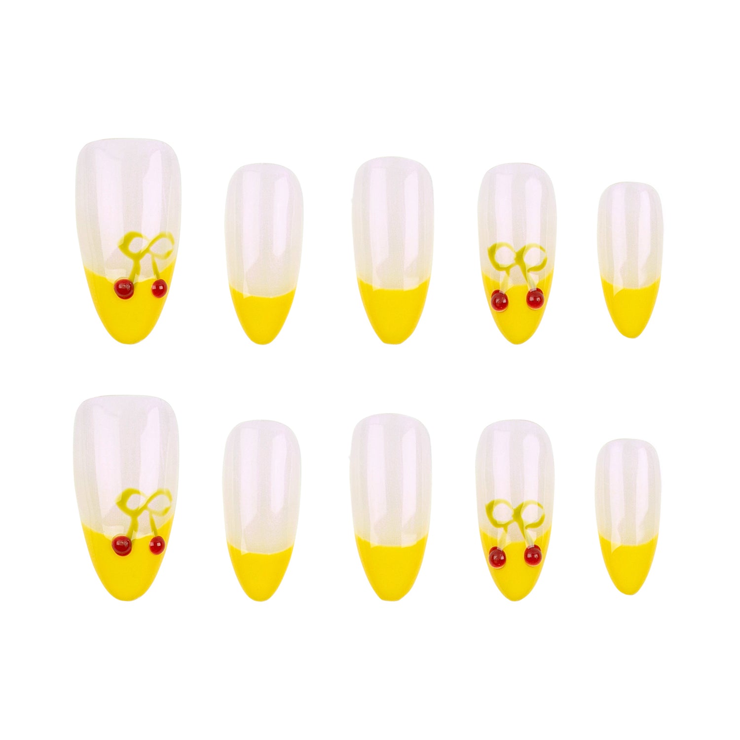 Ten false almond-shaped nails arranged in two rows of five on a plain white background. Each nail has a transparent-to-yellow gradient design with a small yellow bow and two red cherries near the tip.