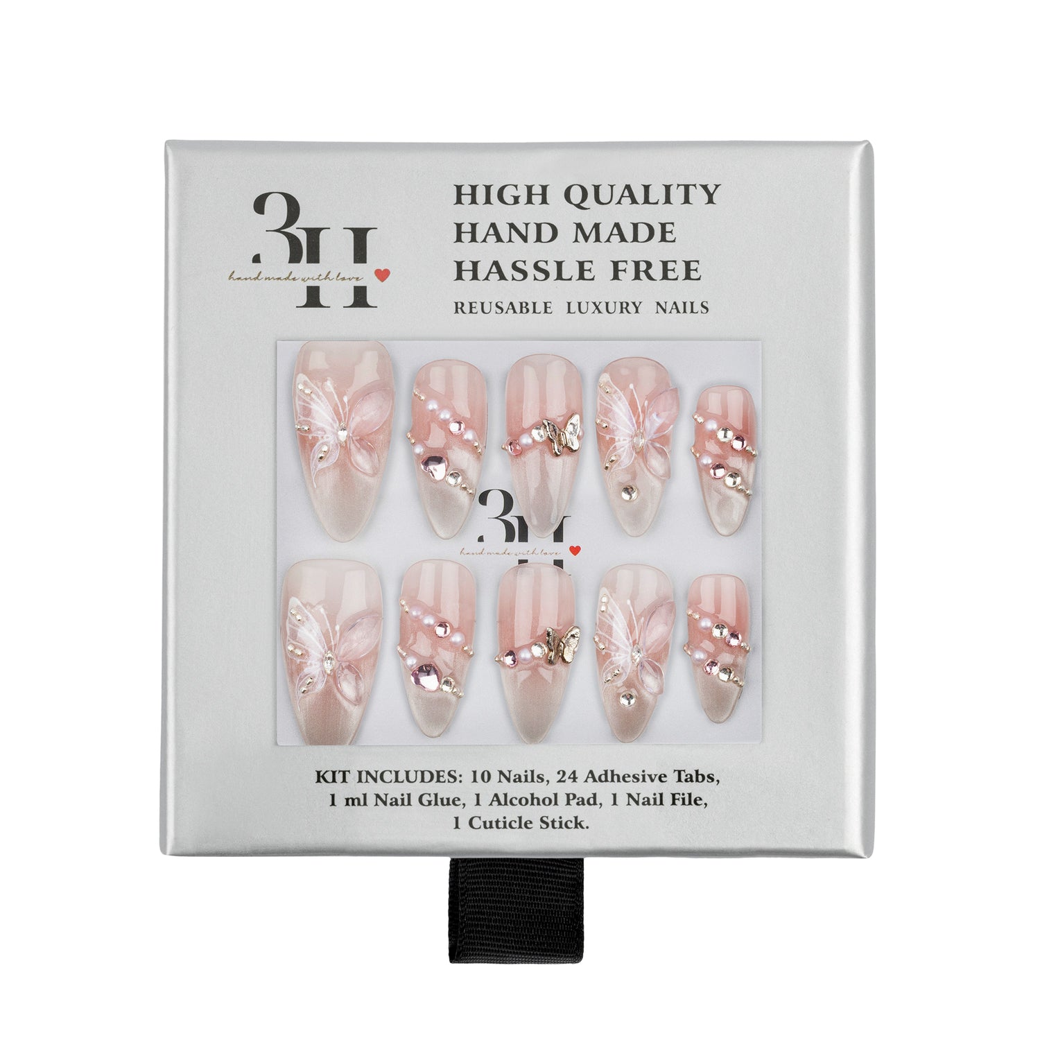 A 3H brand press-on nail kit in its original white packaging, featuring 10 decorative false nails with pink and white butterfly designs and rhinestone embellishments.