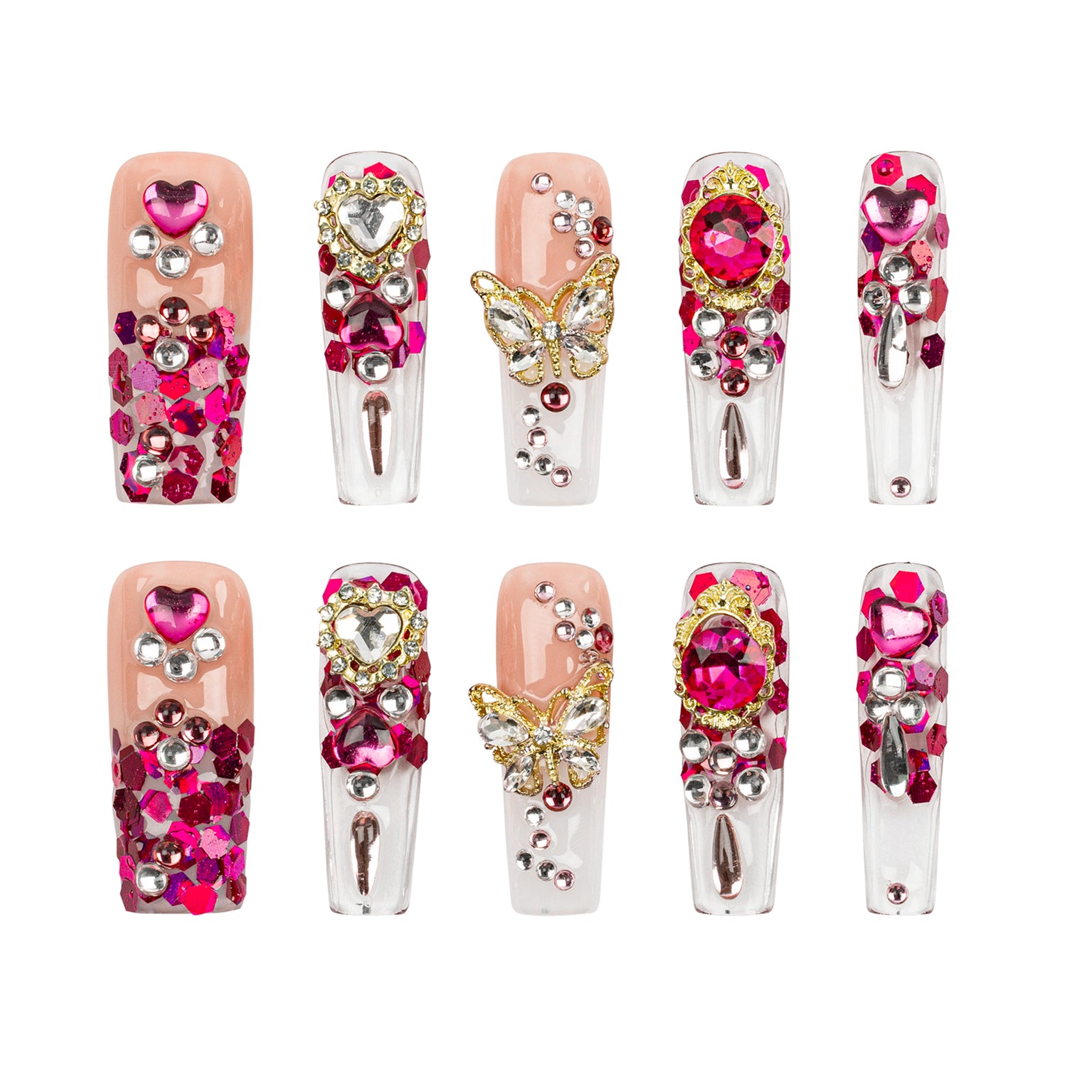 Ten coffin-shaped press-on nails arranged in two rows of five on a plain white background. The nails feature clear bases decorated with pink and magenta rhinestones, metallic silver and gold accents, and butterfly or heart motifs.