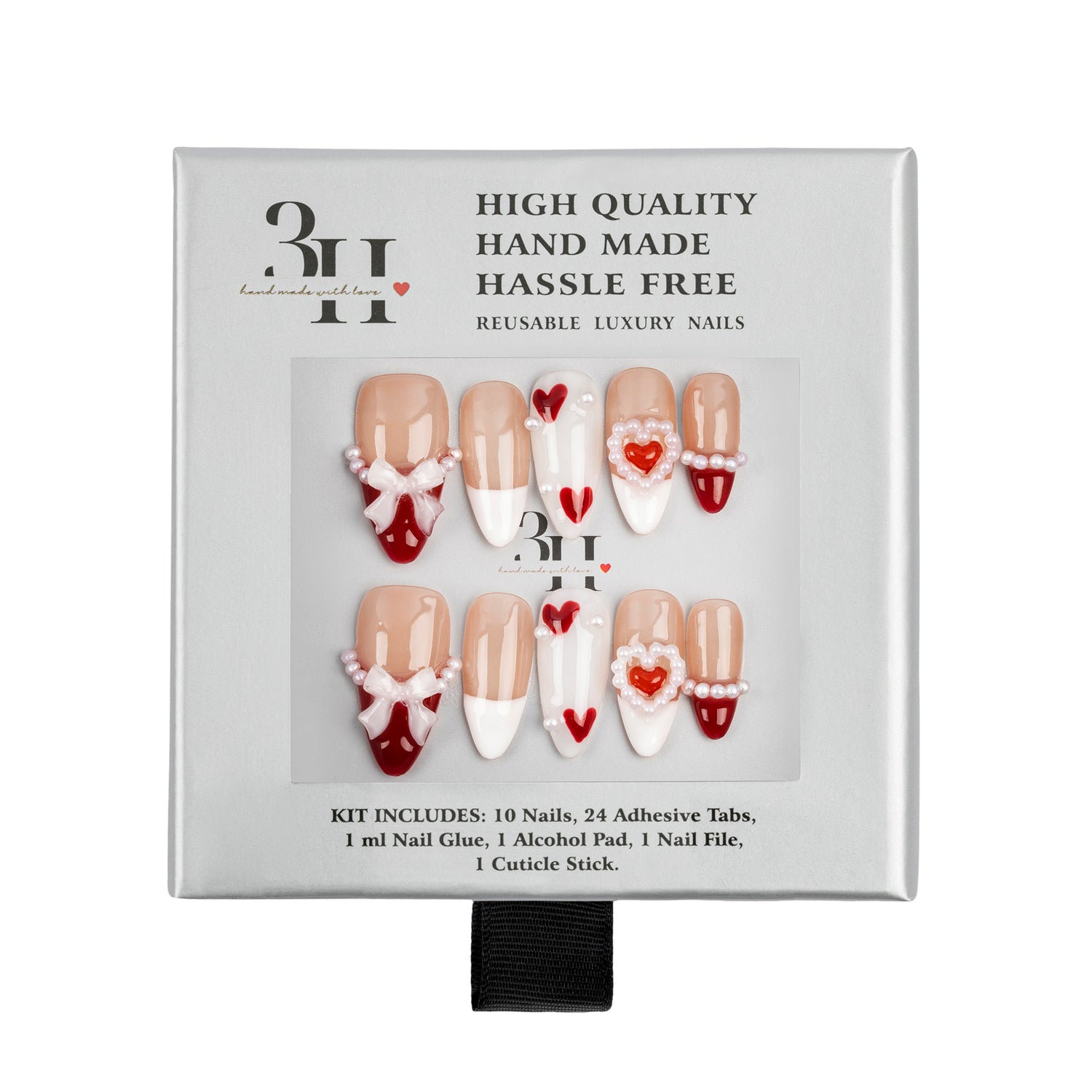 A 3H brand press-on nail kit in its original packaging, featuring 10 nude/beige nails decorated with white bows and pearls, 5 white nails with red hearts, and 5 red nails with white hearts and pearls.