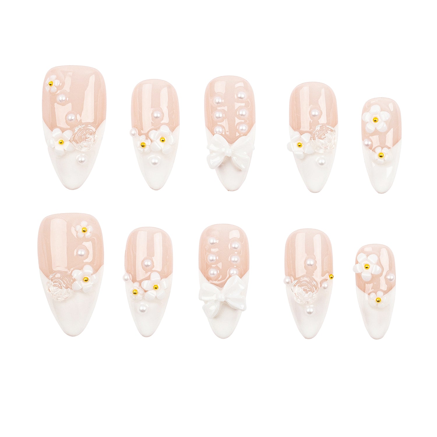 A set of ten almond-shaped press-on nails arranged in two rows on a plain white background. The nails feature a glossy pale blush pink top half and a white French-tip bottom half, decorated with white faux pearls, small white daisy flowers with yellow centers, and one white bow design.