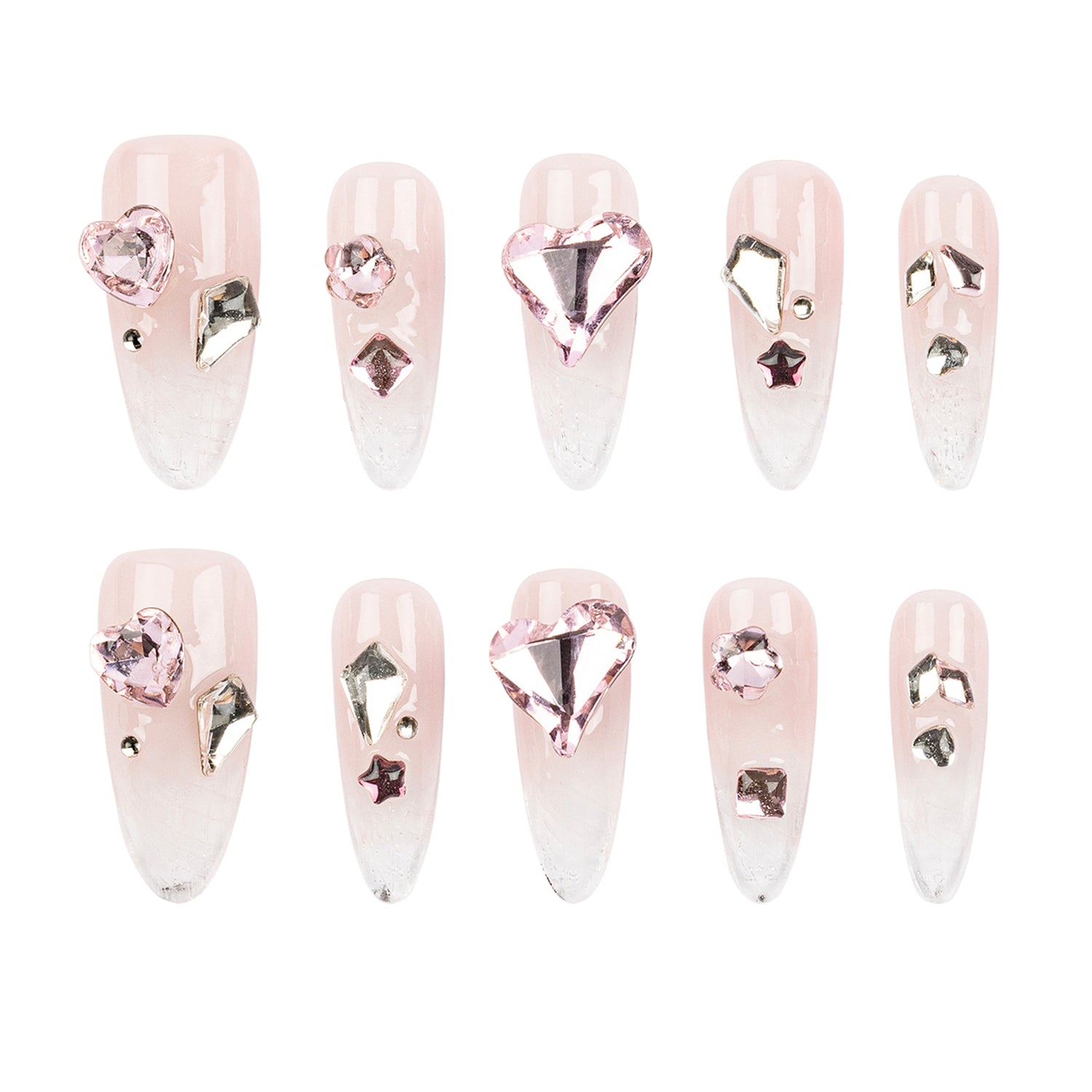 Ten press-on nails with a pale pink and white ombre gradient, embellished with various pink and silver rhinestones, displayed on a clean white background.