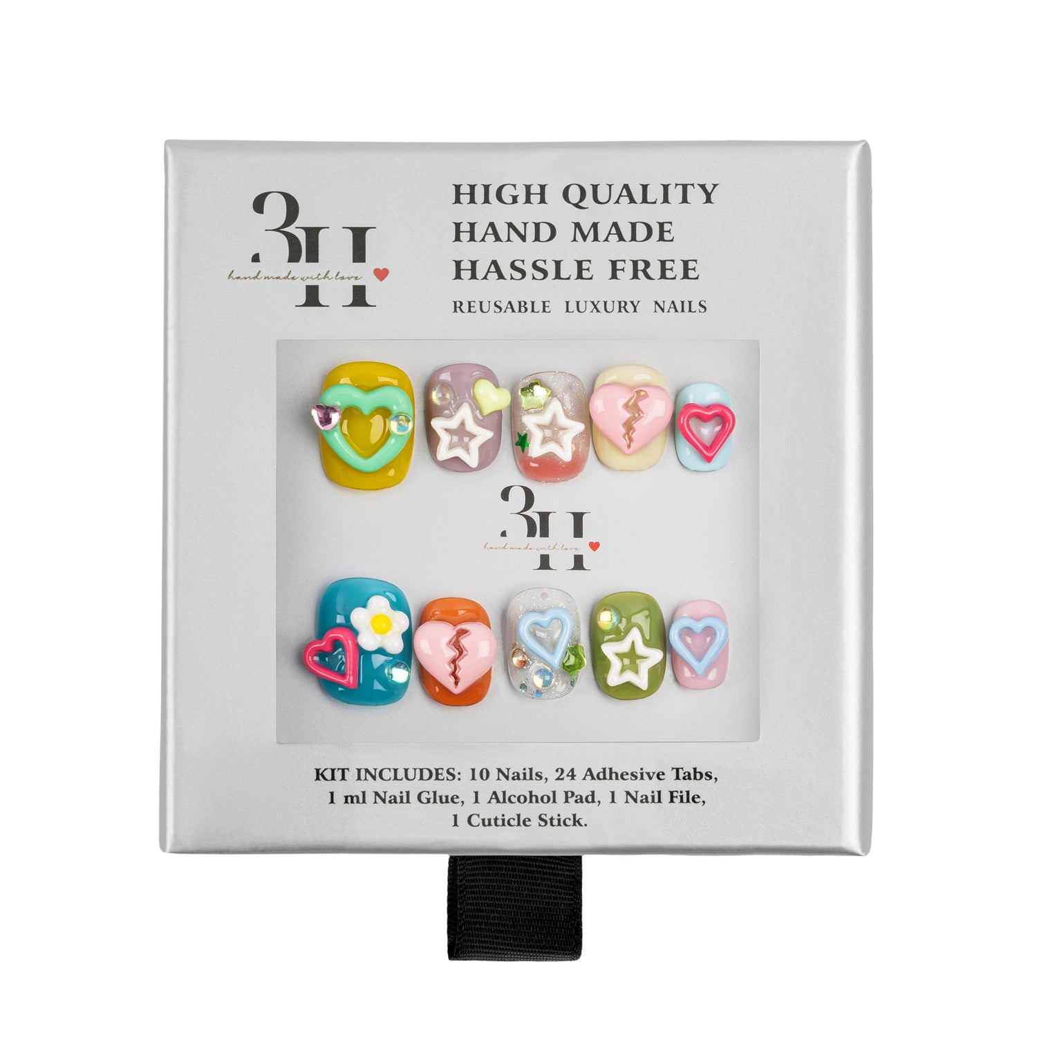A 3H brand reusable luxury nail kit in its original white cardboard packaging, featuring 10 colorful decorative press-on nails with heart and star designs.
