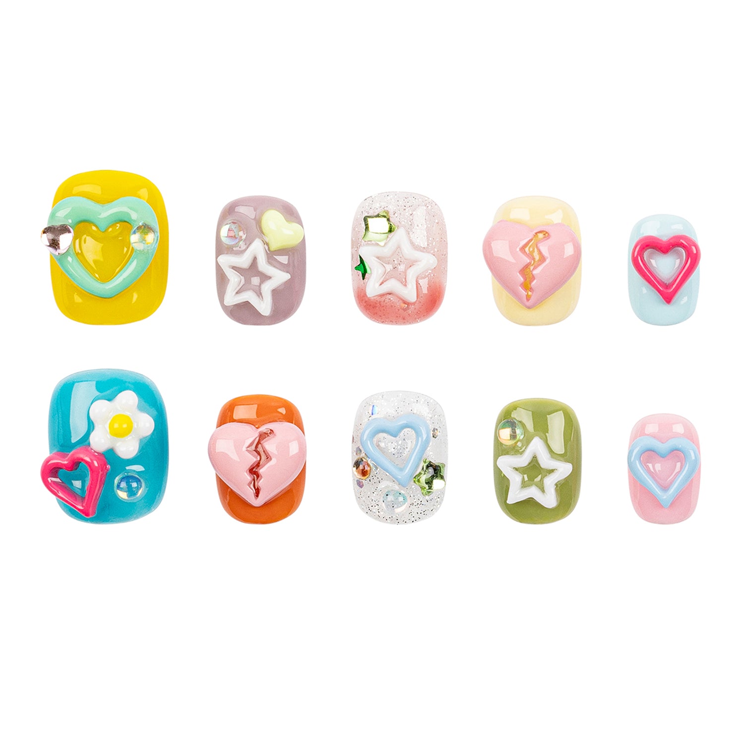 Ten decorative nail stickers with heart, star, and floral designs in pastel colors, arranged in two rows on a plain white background.