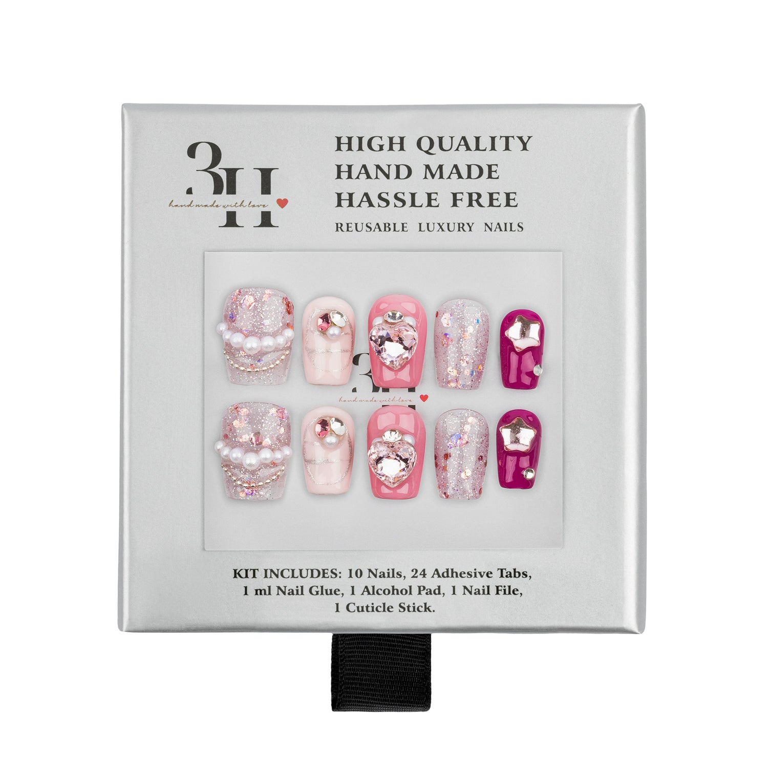 A 3H brand reusable press-on nail kit in its original packaging, featuring 10 decorative pink and white nails with pearl and rhinestone details, 24 adhesive tabs, nail glue, an alcohol pad, a nail file, and a cuticle stick.