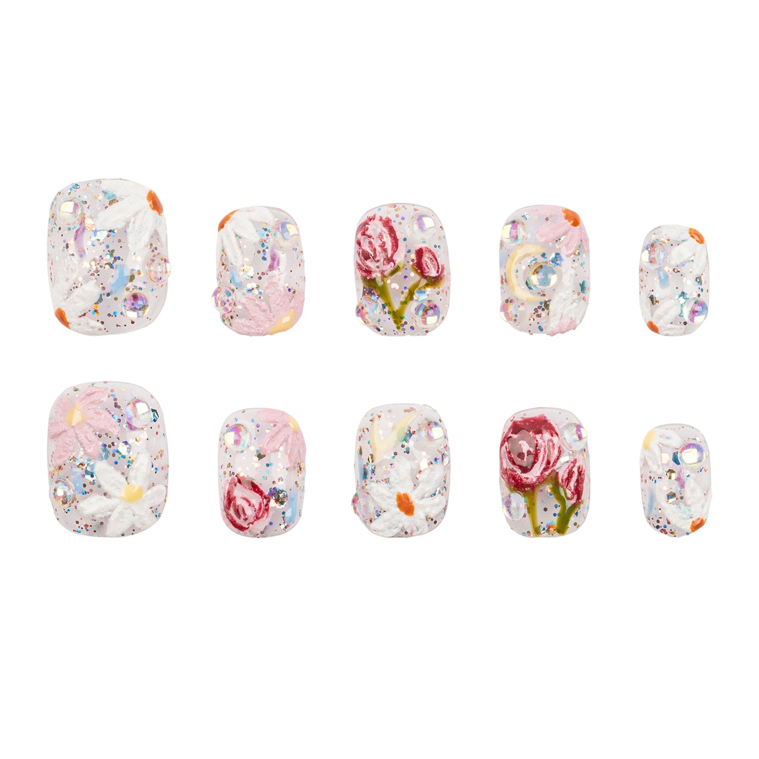 Ten false press-on nails arranged in two rows of five on a plain white background. The nails have a clear, glittery base with pastel pink and white floral designs, including roses and daisies, along with multicolored iridescent glitter and rhinestone accents.