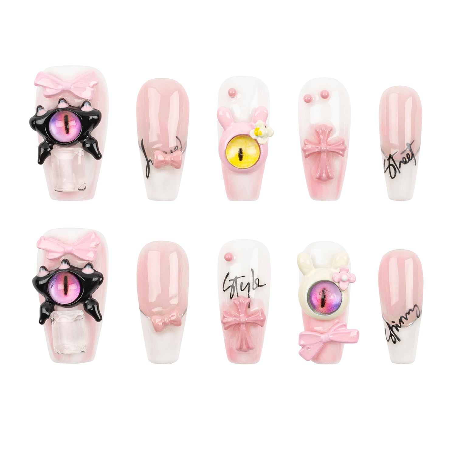 A set of ten decorative press-on nails arranged in two rows on a plain white background. The nails feature pastel pink and white glossy bases with various embellishments, including pink bows, black spider-like claw accents with purple and pink eyes, bunny ears, script text, and a small white flower.