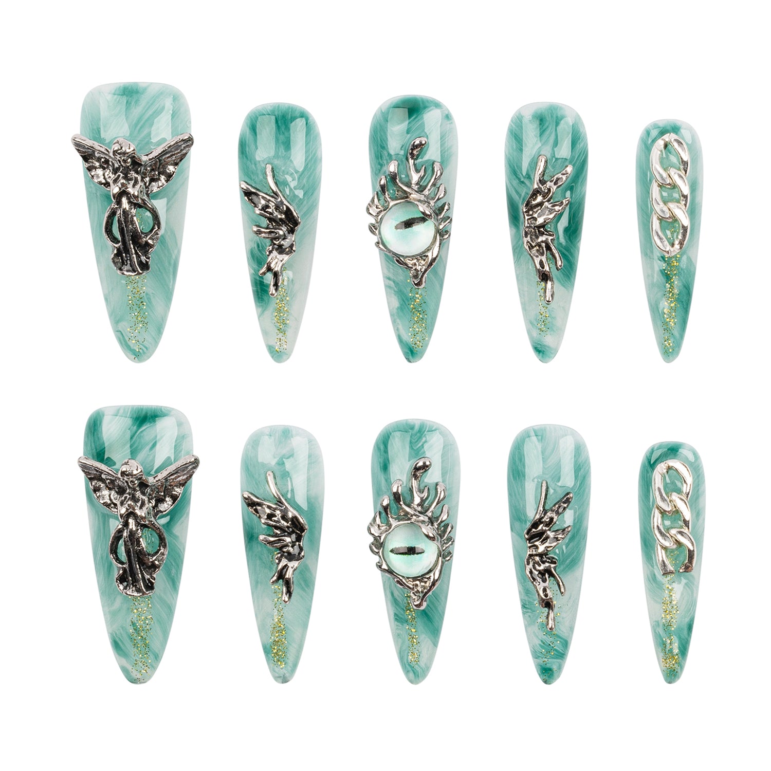 A set of ten long coffin-shaped press-on nails arranged in two rows of five on a plain white background. Each nail features a light teal and white marbled base with silver metallic gothic designs, including winged figures, a snake wrapped in a crown, an eye motif, and chain details.