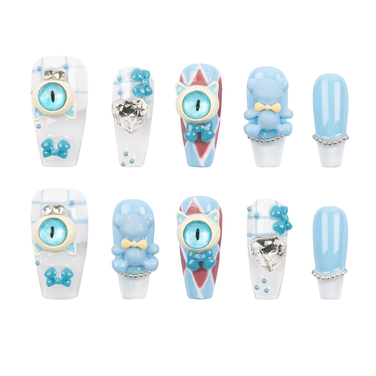Ten decorative press-on nails arranged in two rows on a plain white background. The nails feature pastel blue, white, and light gray designs with embellishments including bows, cat eyes, clock faces, and metallic silver accents.