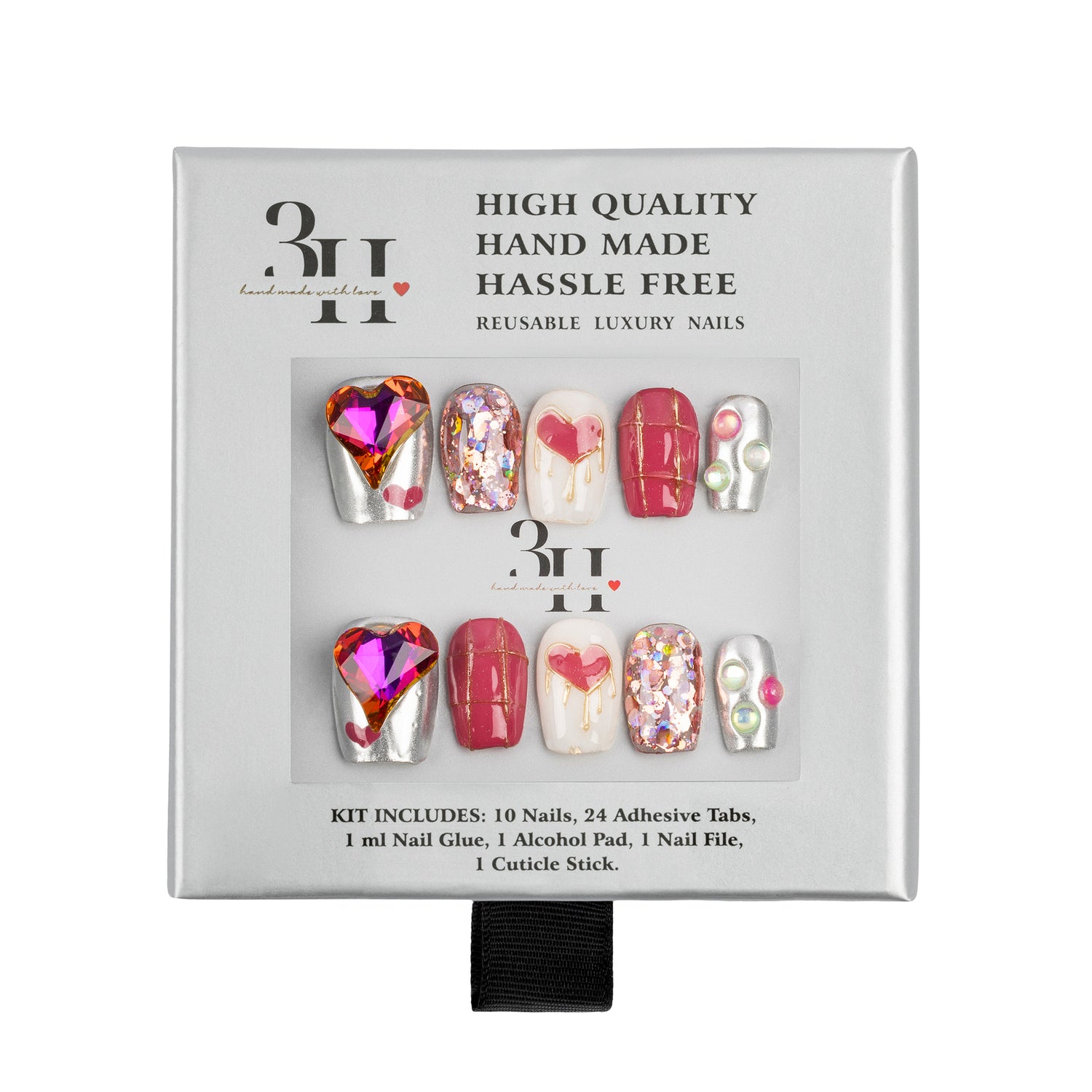 A 3H brand reusable luxury nail kit in its original packaging, featuring 10 decorative press-on nails with pink, red, and glitter designs, along with adhesive tabs, nail glue, an alcohol pad, a nail file, and a cuticle stick.