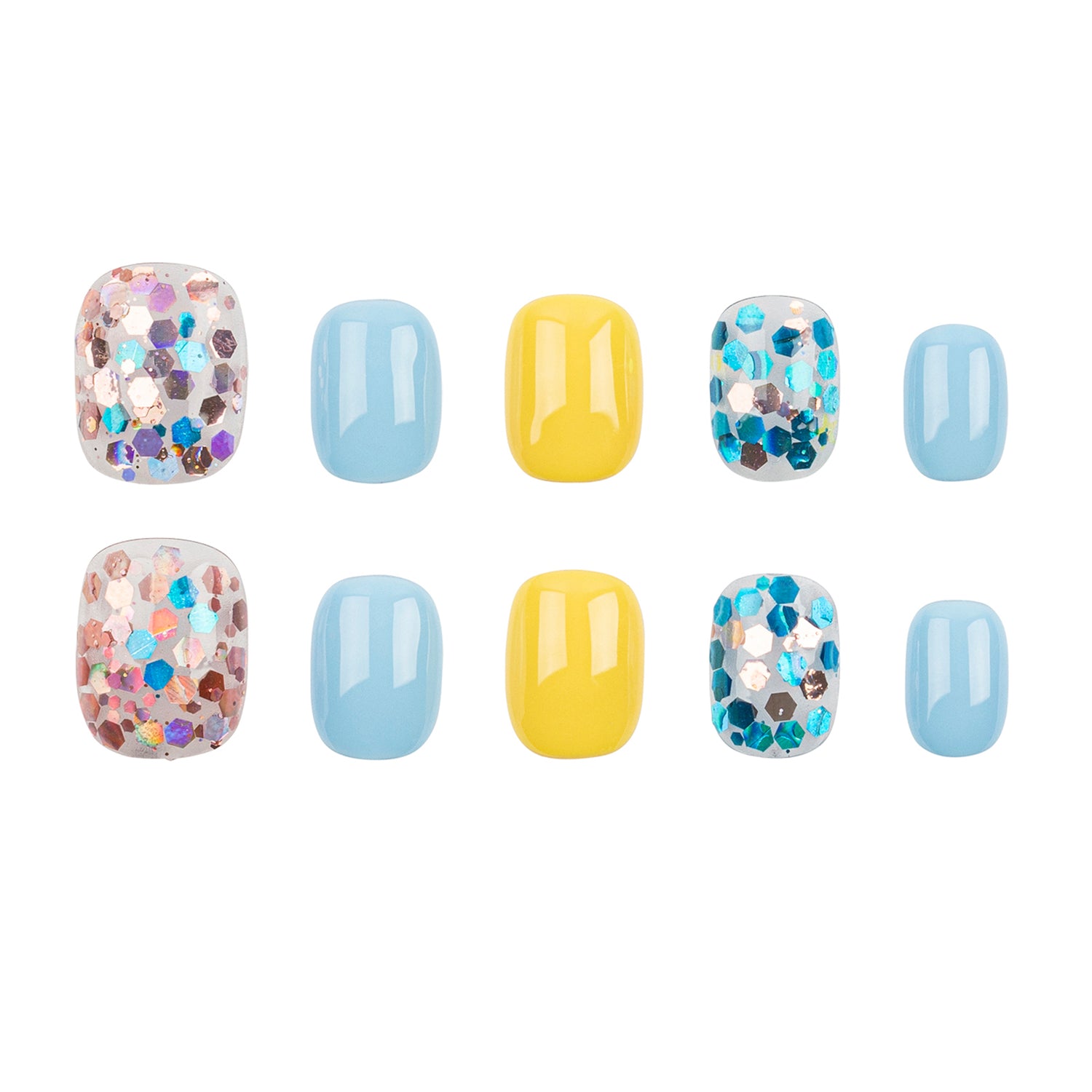 Ten press-on nails arranged in two rows on a white background, featuring light blue, yellow, and glittery multicolor designs.
