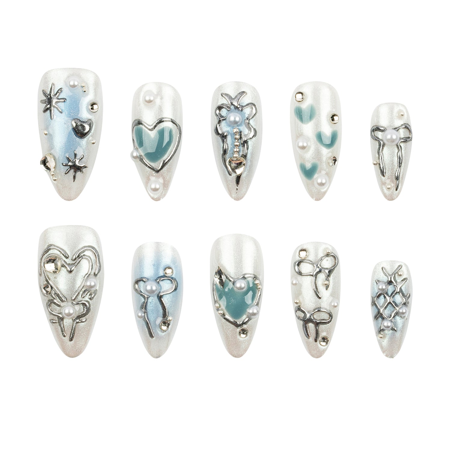 Ten silver-tone almond-shaped press-on nails with light blue and white designs, including hearts, bows, stars, and pearl accents, arranged in two rows on a white background.