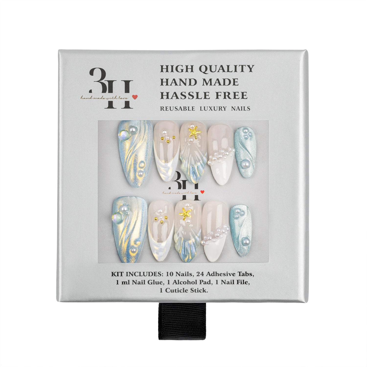 A 3H brand reusable press-on nail kit in its original packaging, featuring 10 long almond-shaped nails with white, gold, and blue designs, along with 24 adhesive tabs.