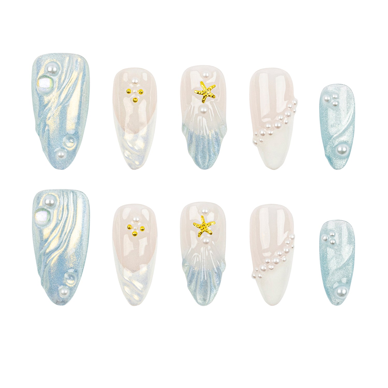 Ten artificial press-on nails arranged in two rows on a plain white background. The nails feature a mix of designs: light blue and white marbled patterns, white pearl bead details, and two gold starfish accents.