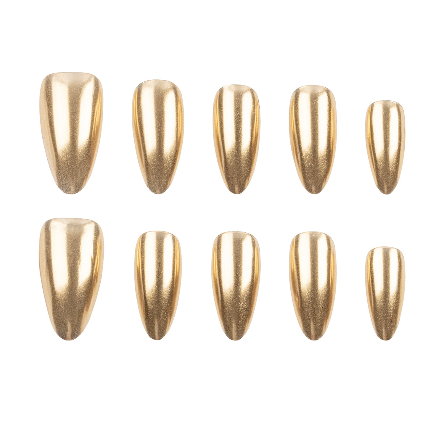 Ten metallic gold artificial press-on nails arranged in two rows of five on a plain white background.