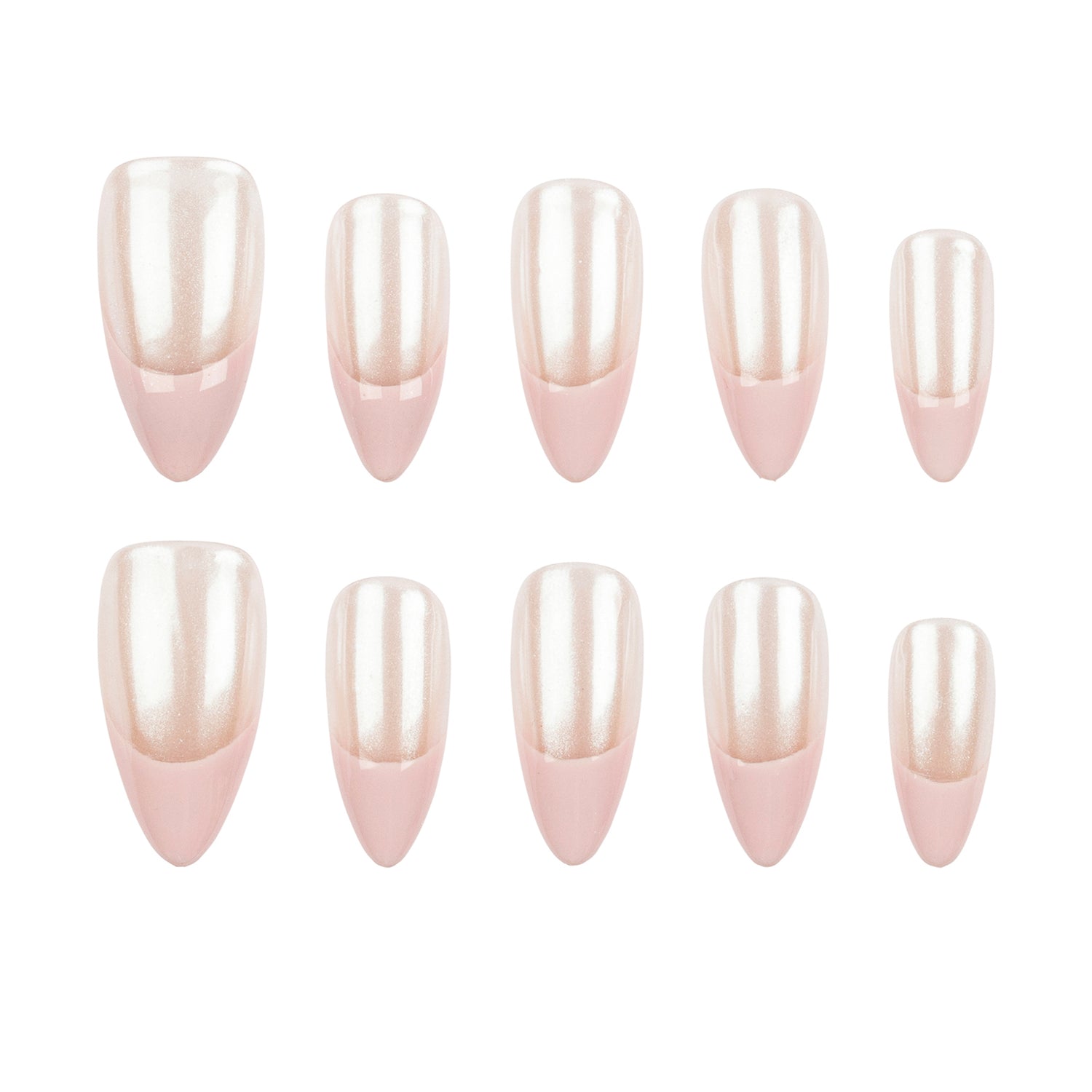 Ten false press-on nails arranged in two rows on a plain white background. The nails have a glossy pearlescent finish with a soft pink base and a warm champagne-ivory top half.
