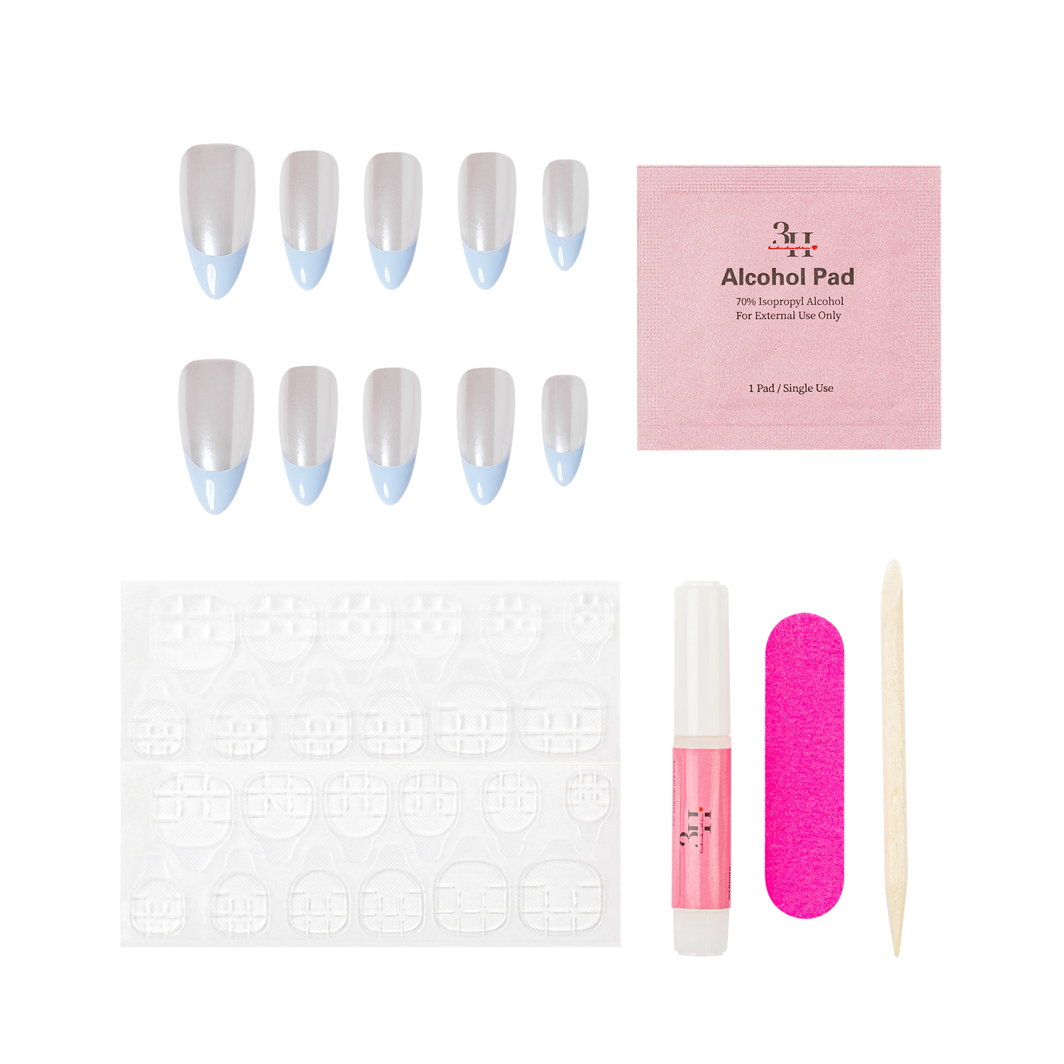 3H Nails luxury handmade press-on nails in powder puff design displayed on a neutral background.