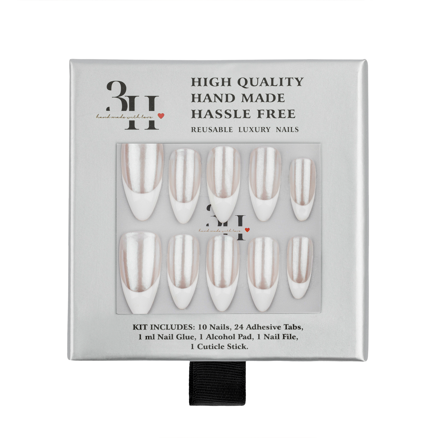 A 3H brand press-on nail kit in its original packaging, featuring ten white almond-shaped nails with a subtle champagne-gold shimmer, displayed on a light gray box with product details.