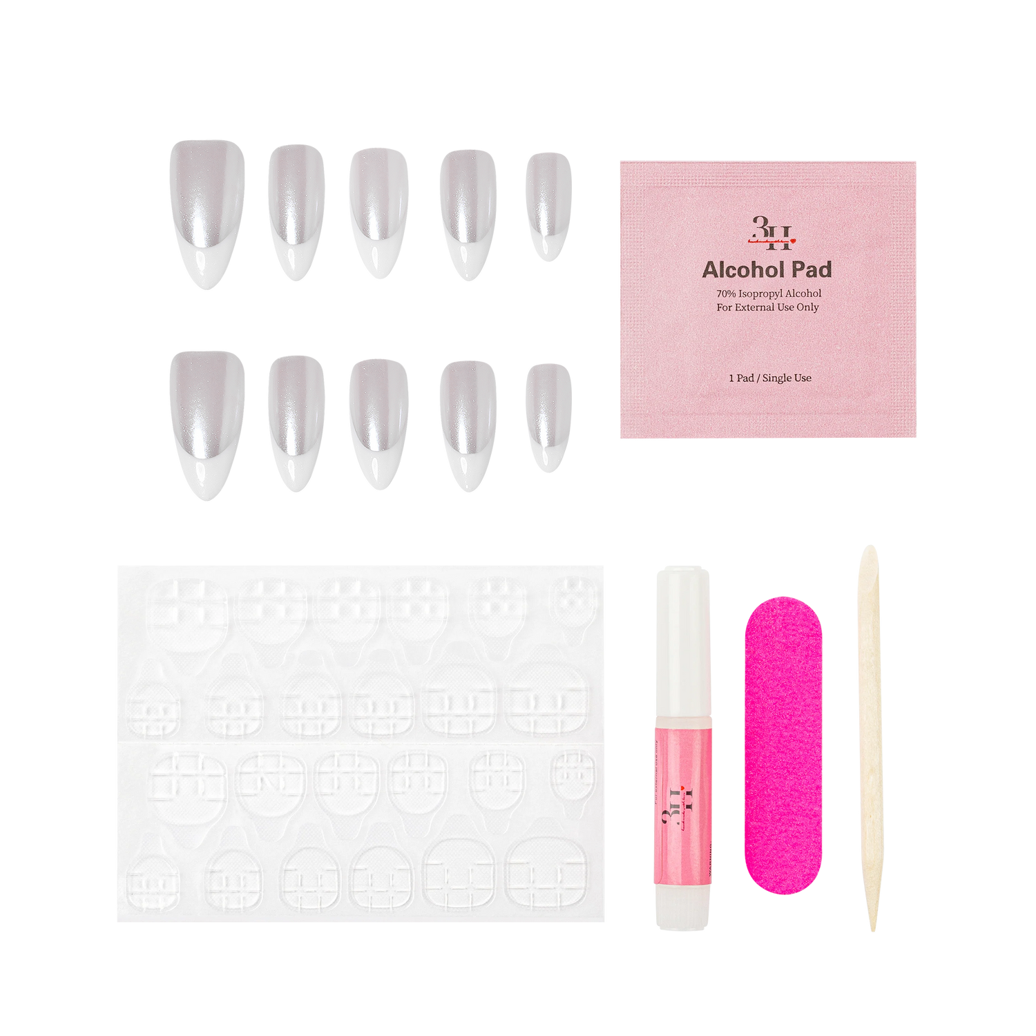 Handmade press-on nails in a classic glam design by 3H Nails, showcased on a neutral background.