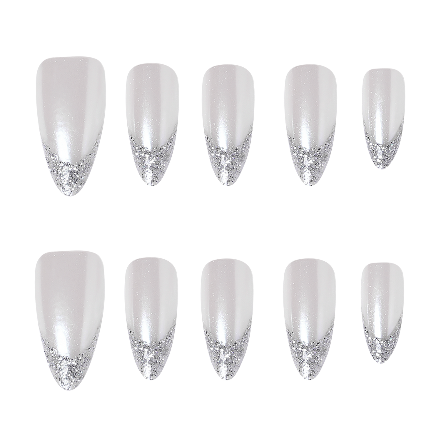 Silver press-on nails from 3H Nails' 3H Luxury Handmade collection, featuring a sleek, shiny silver finish displayed on a neutral background.