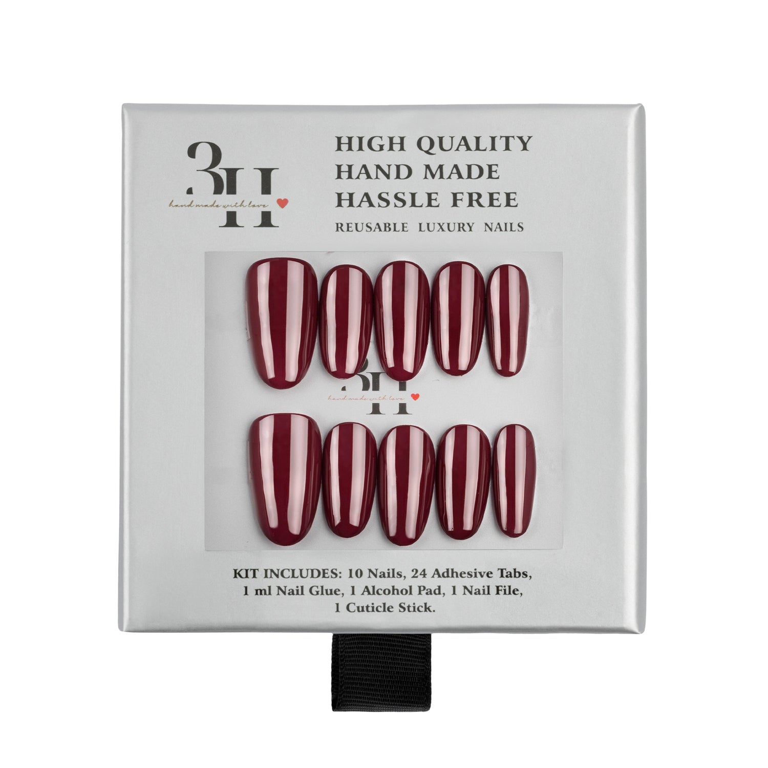 A 10-piece press-on nail kit in its original packaging, featuring burgundy and white vertical stripes on the nails. The packaging is white with black text and a clear window displaying the nails.