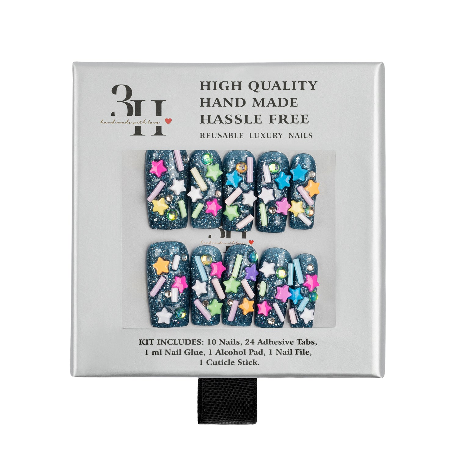 A boxed set of decorative press-on nails on a white background. The package text reads 'HIGH QUALITY HAND MADE HASSLE FREE' and 'REUSABLE LUXURY NAILS.