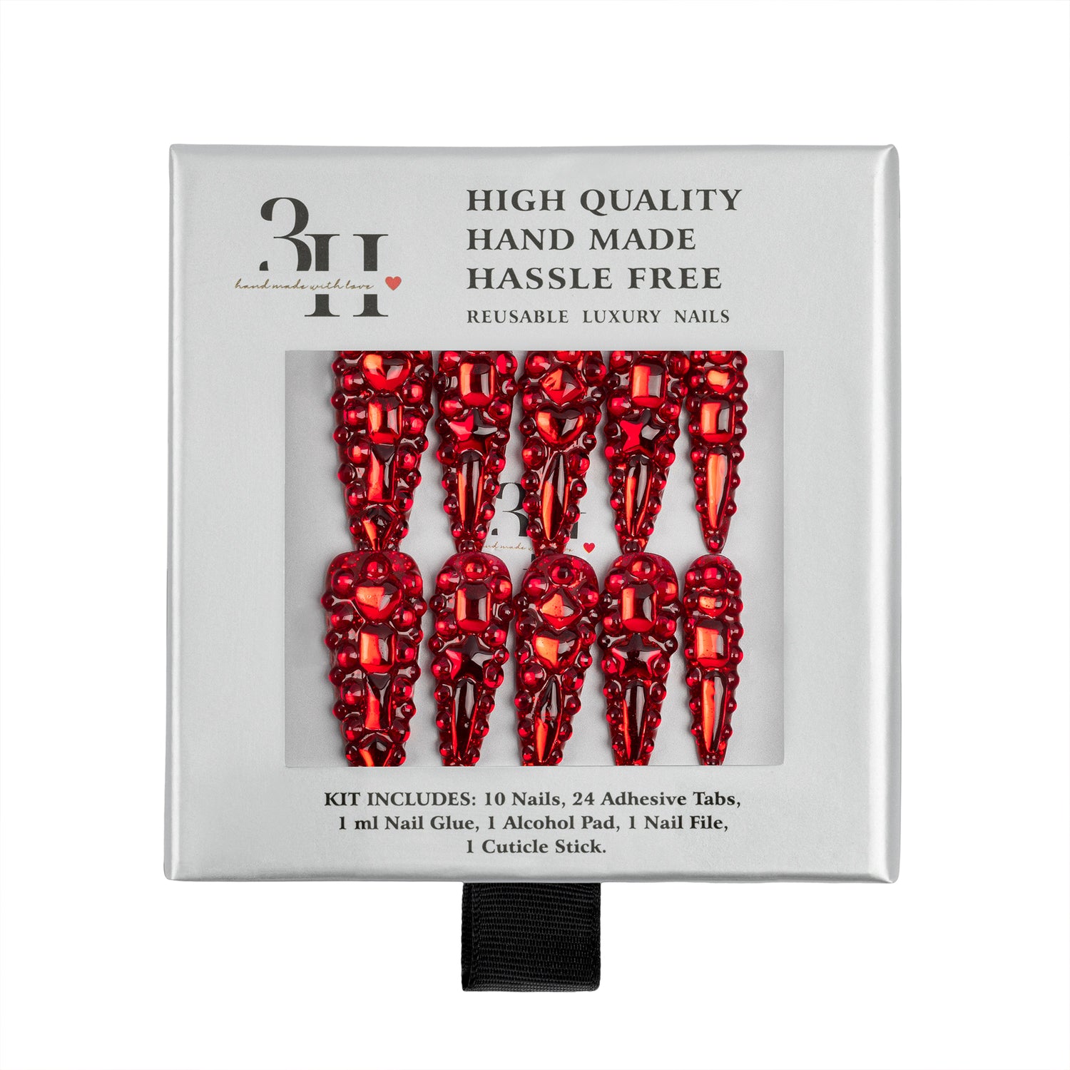A boxed set of red rhinestone-embellished reusable luxury nails, shown in its white retail packaging with text describing the kit contents and quality.