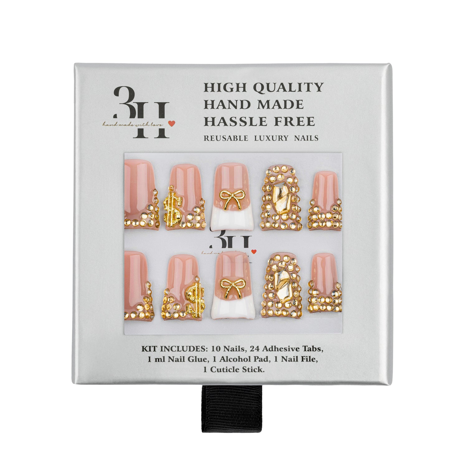 A 3H brand press-on nail kit in its original white cardboard packaging, featuring 10 pink and white decorative nails with gold glitter and bead designs.