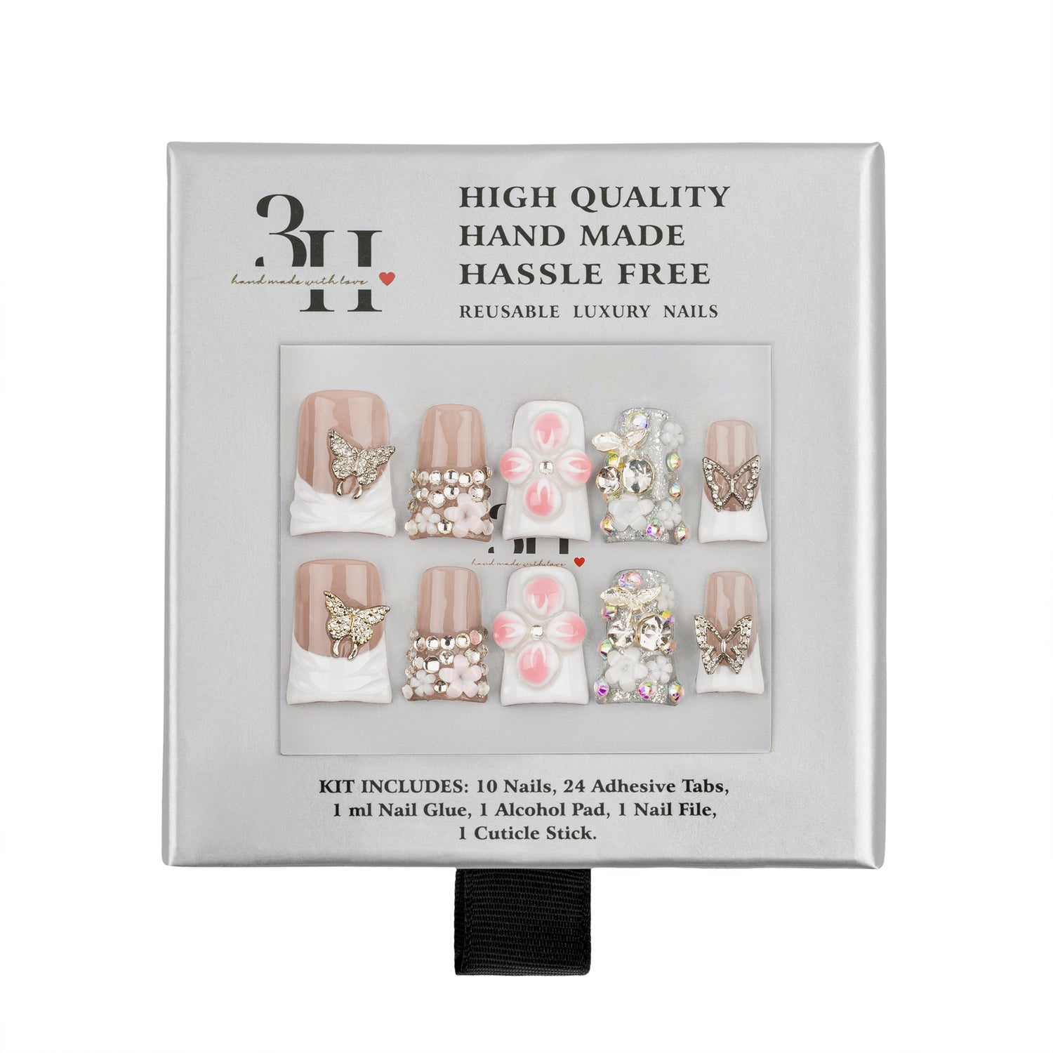 A 3H brand press-on nail kit in its original packaging, featuring 10 decorative nails with pink, white, and gold designs, 24 adhesive tabs, 1 ml of nail glue, an alcohol pad, a nail file, and a cuticle stick.