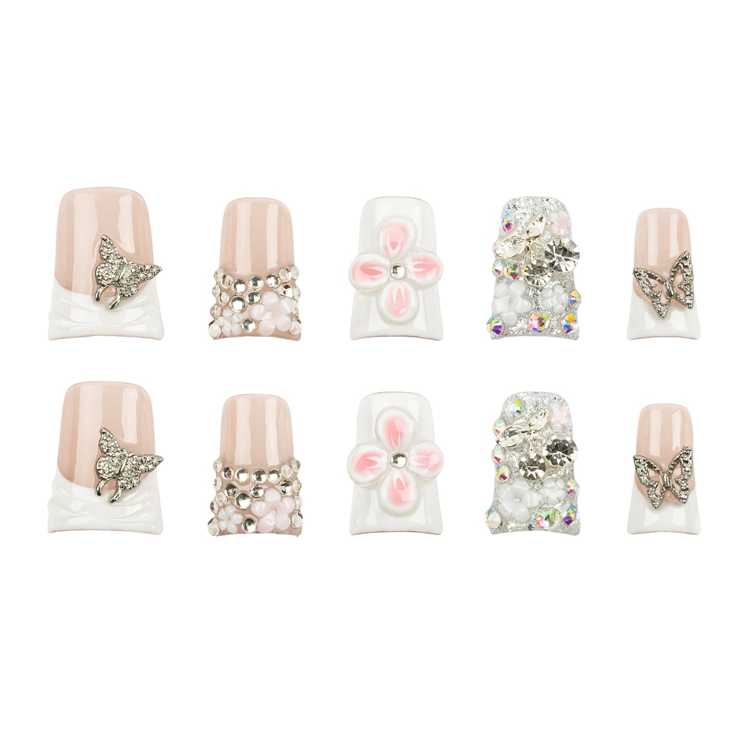 Ten decorative press-on nails arranged in two rows on a plain white background. The set includes nude pink and white nails embellished with rhinestone butterflies, pearl bead wraps, pink flower centers, and clear rhinestone clusters.