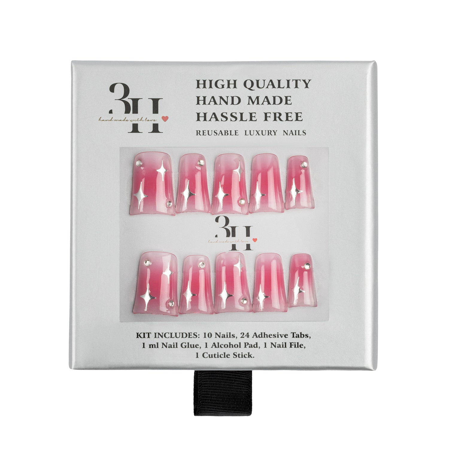 A 10-piece set of reusable press-on nails in a pink ombre gradient with silver star and diamond designs, presented in a white cardboard packaging box with black text.