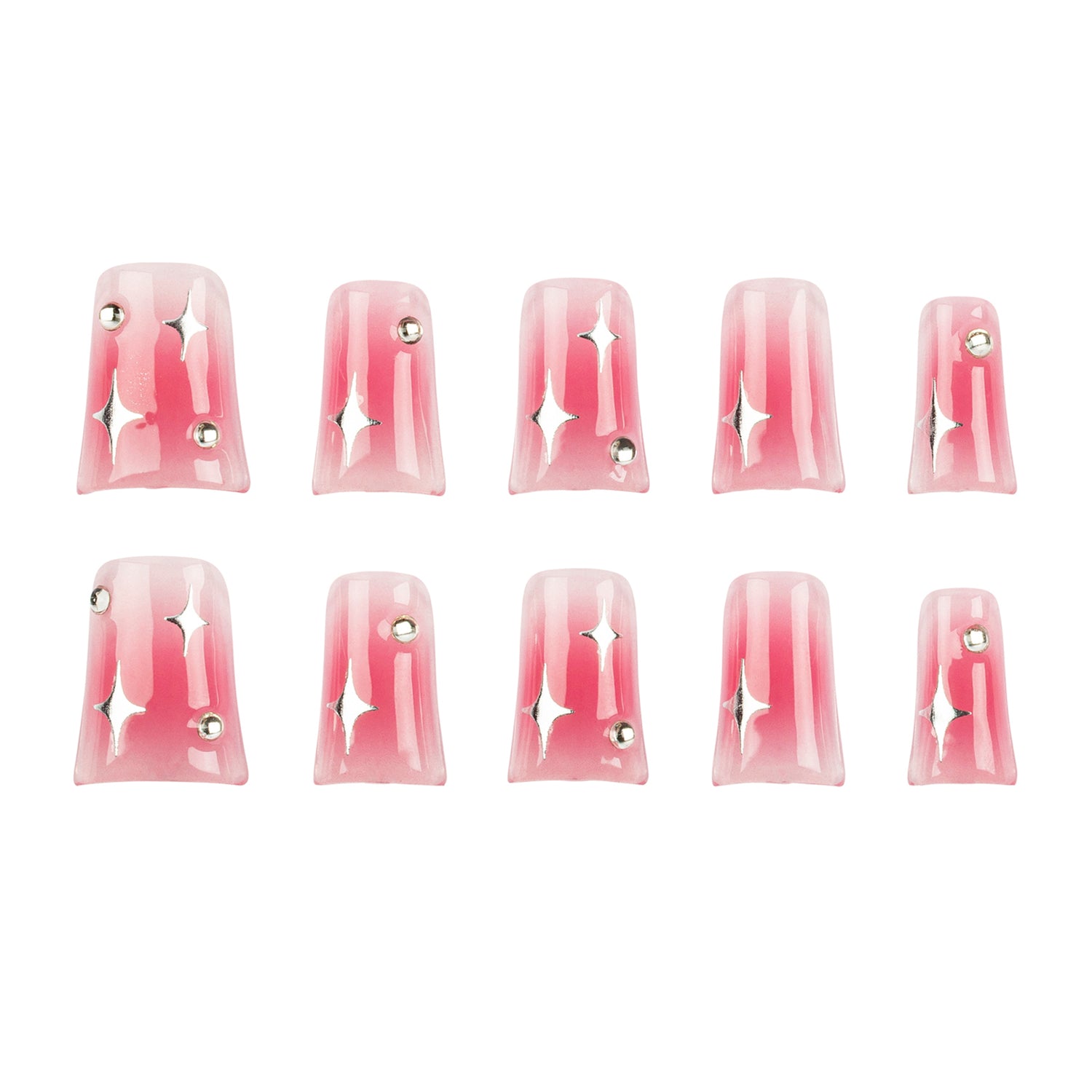 Ten pink press-on nails arranged in two rows of five on a plain white background. Each nail has a glossy vertical pink gradient design with a small metallic star detail and a silver rhinestone accent.