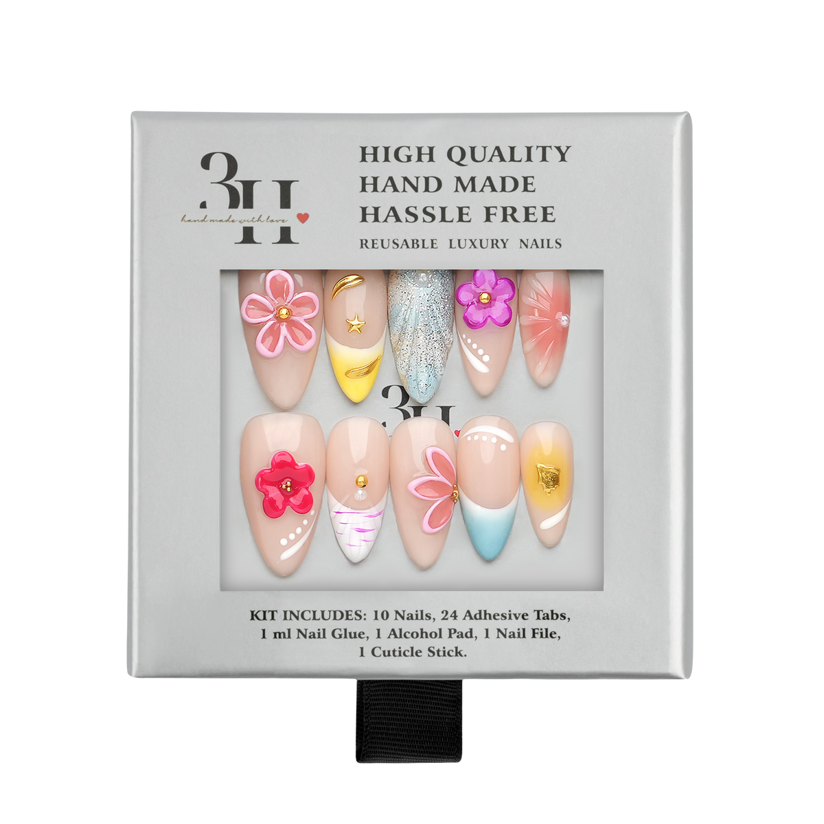 Miami medium almond press-on nails by 3H Nails, featuring a nude base with pink florals, bright yellow and aqua French tips, and metallic accents, displayed in 3H Nails packaging.