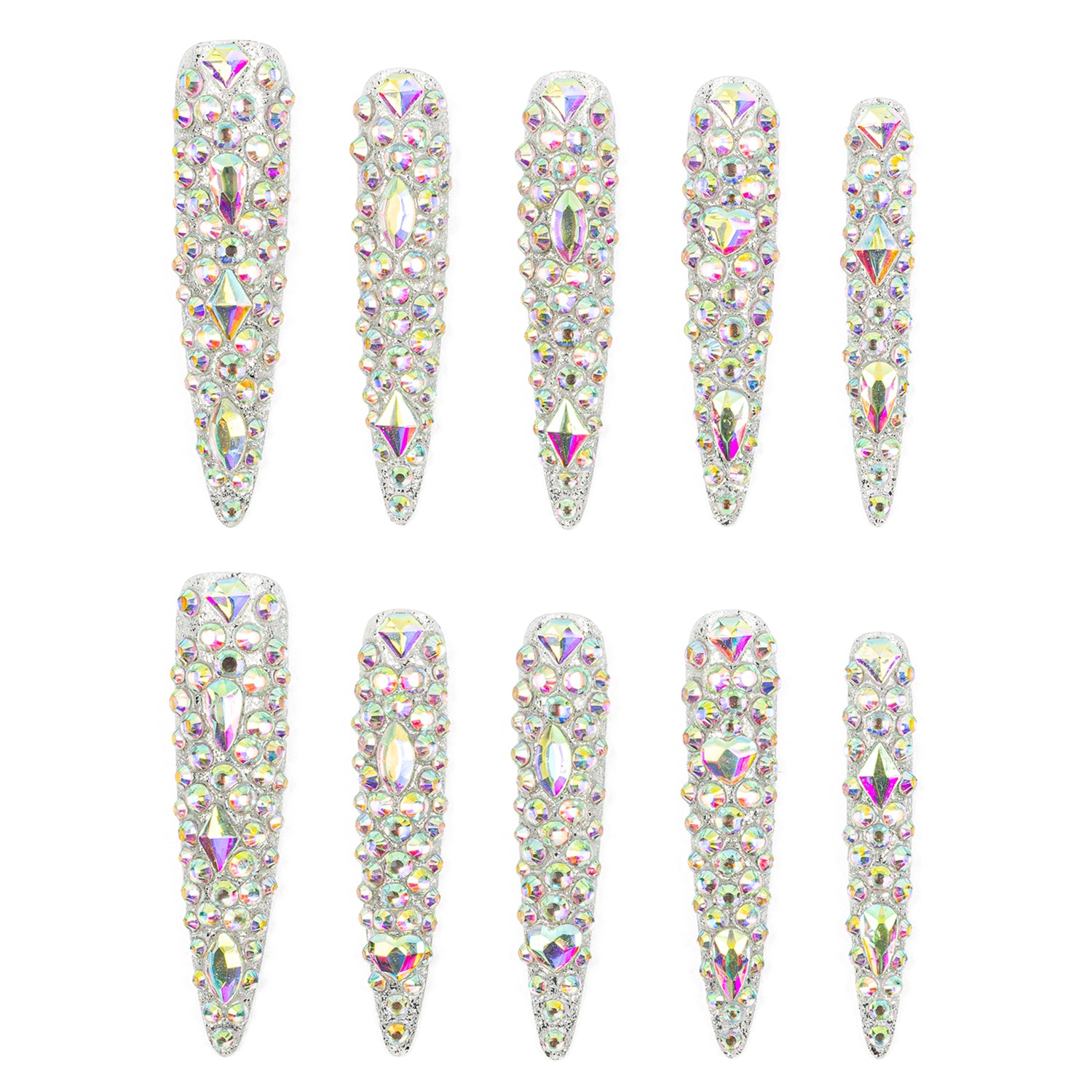 Ten long stiletto-shaped nail tips decorated with dense iridescent rhinestones, arranged in two rows of five on a plain white background.